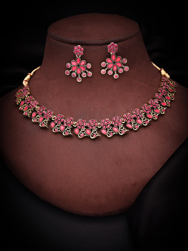 Tehzeeb Creations Luxurious Gold Polished Pink Colour Diamond Choker Necklace Set With Matching Earrings - Distacart