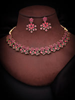 Thumbnail for Tehzeeb Creations Luxurious Gold Polished Pink Colour Diamond Choker Necklace Set With Matching Earrings - Distacart