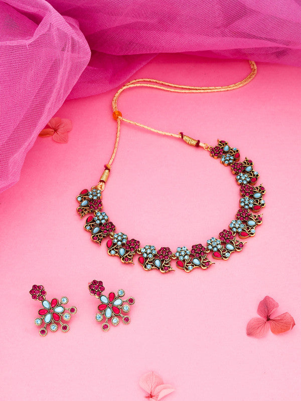 Tehzeeb Creations Luxurious Gold Polished Pink & Sky Blue Colour Diamond Choker Necklace Set With Matching Earrings - Distacart