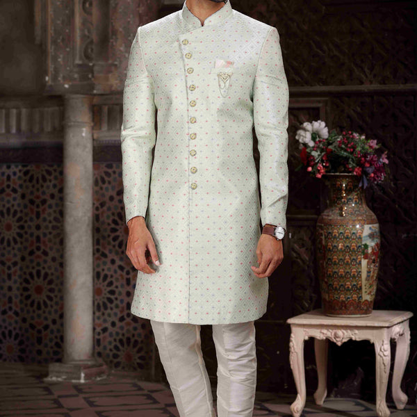 Raivat Ethnic Banarasi Jacquard Woven Work Indo Western Sherwani In Pista Green Colour
