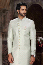 Thumbnail for Raivat Ethnic Banarasi Jacquard Woven Work Indo Western Sherwani In Pista Green Colour