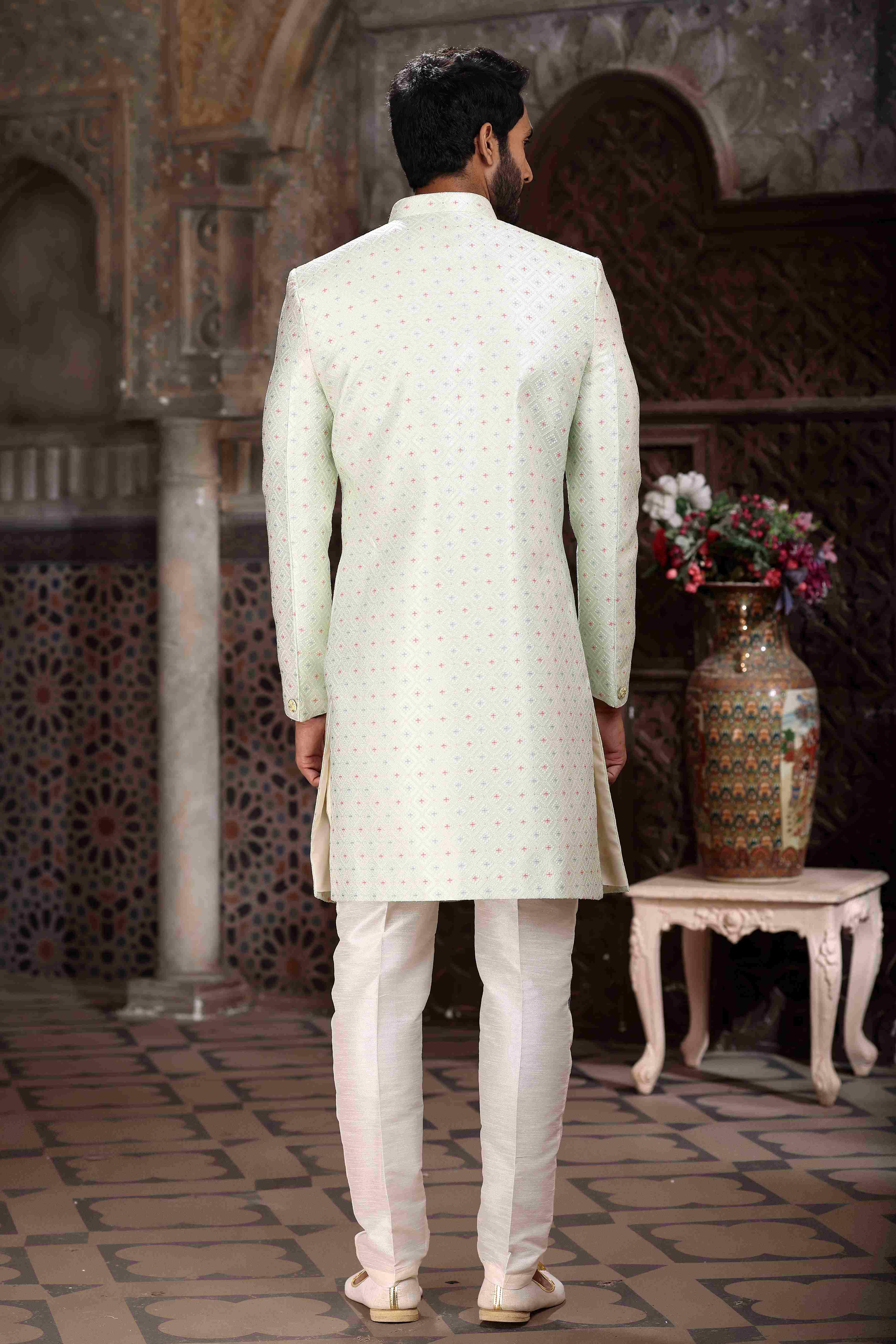 Raivat Ethnic Banarasi Jacquard Woven Work Indo Western Sherwani In Pista Green Colour