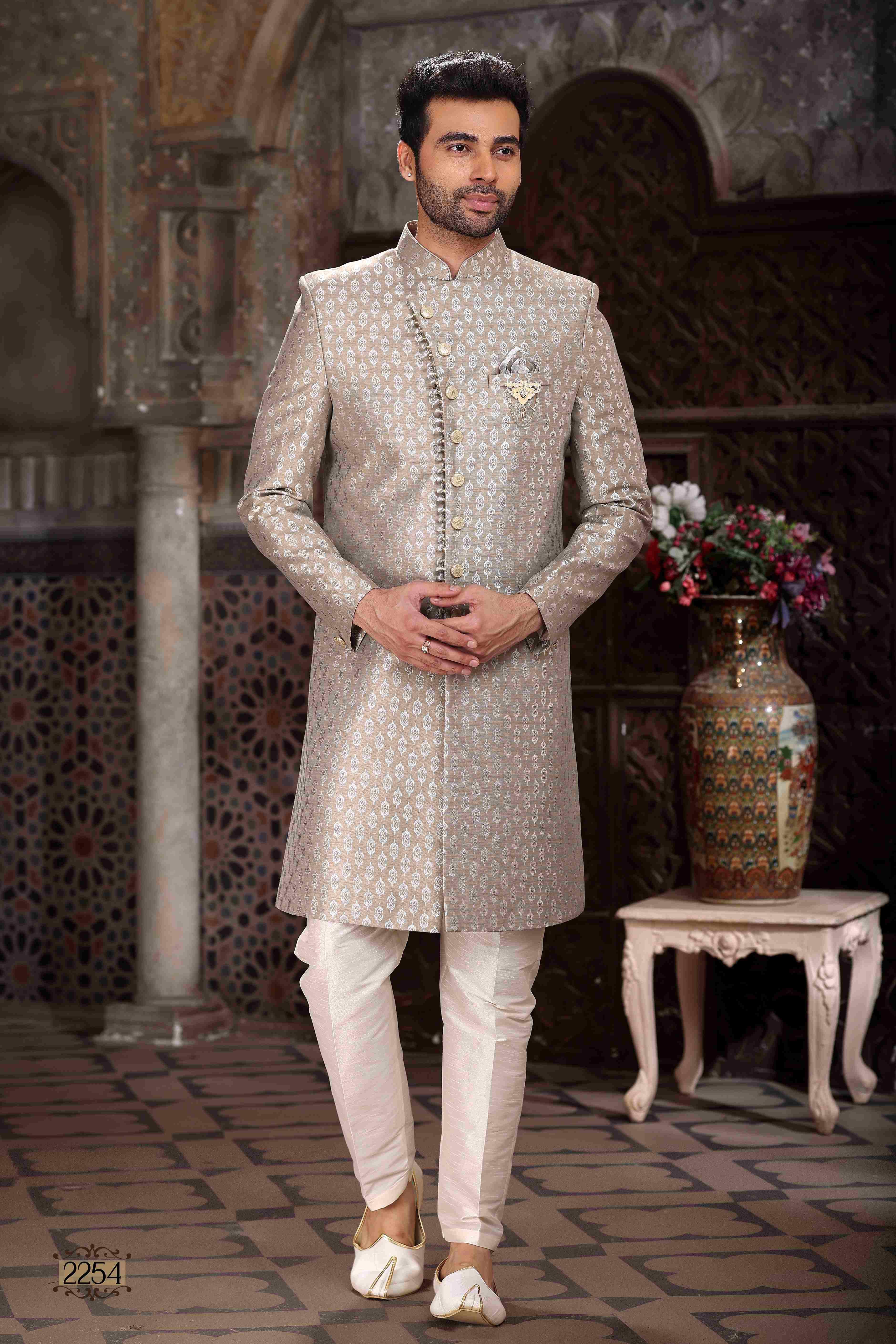 Raivat Ethnic Banarasi Jacquard Woven Work Indo Western Sherwani In Light Grey Colour