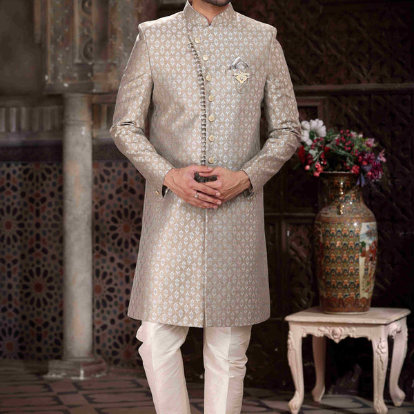 Raivat Ethnic Banarasi Jacquard Woven Work Indo Western Sherwani In Light Grey Colour