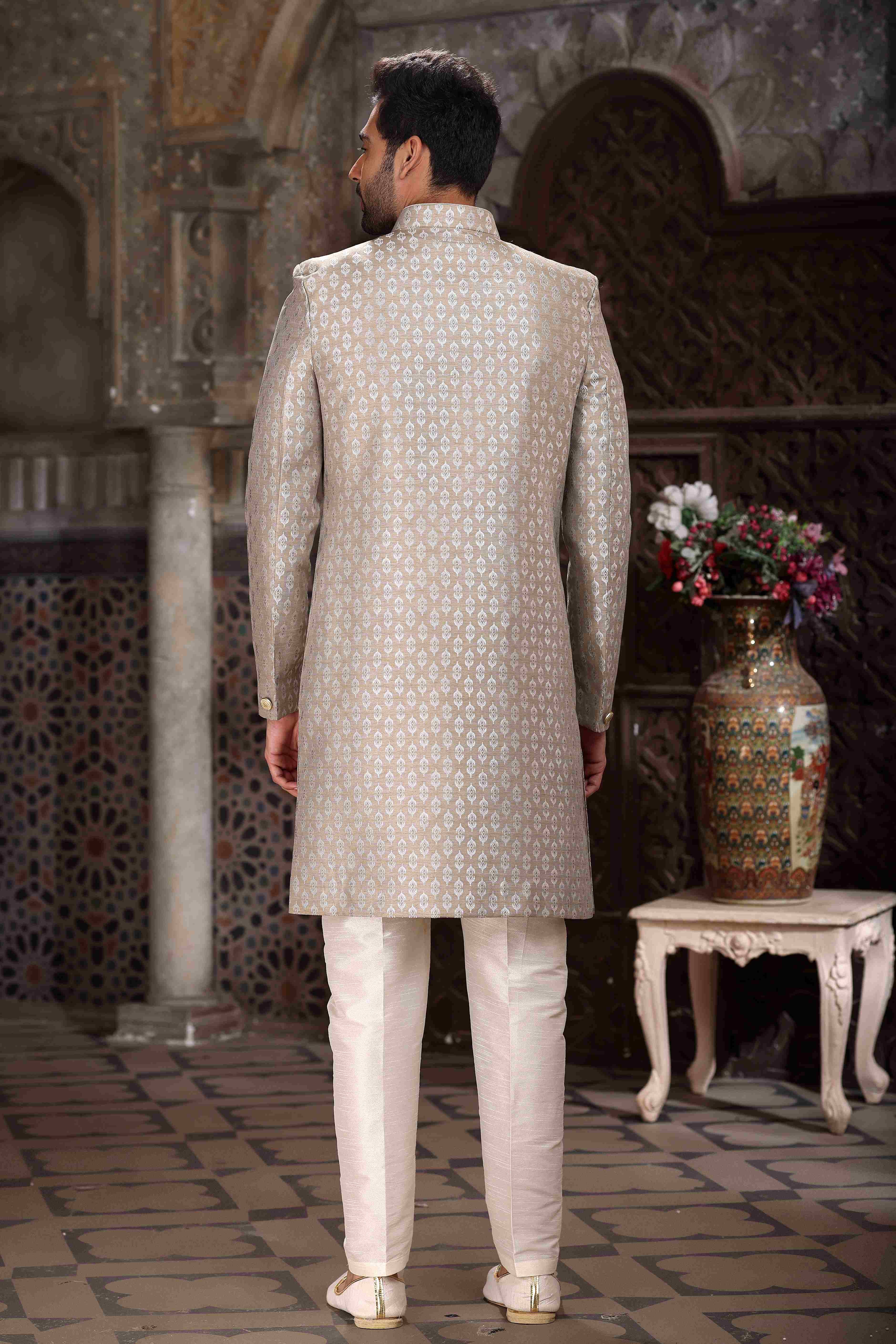 Raivat Ethnic Banarasi Jacquard Woven Work Indo Western Sherwani In Light Grey Colour