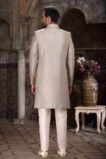 Thumbnail for Raivat Ethnic Banarasi Jacquard Woven Work Indo Western Sherwani In Light Grey Colour