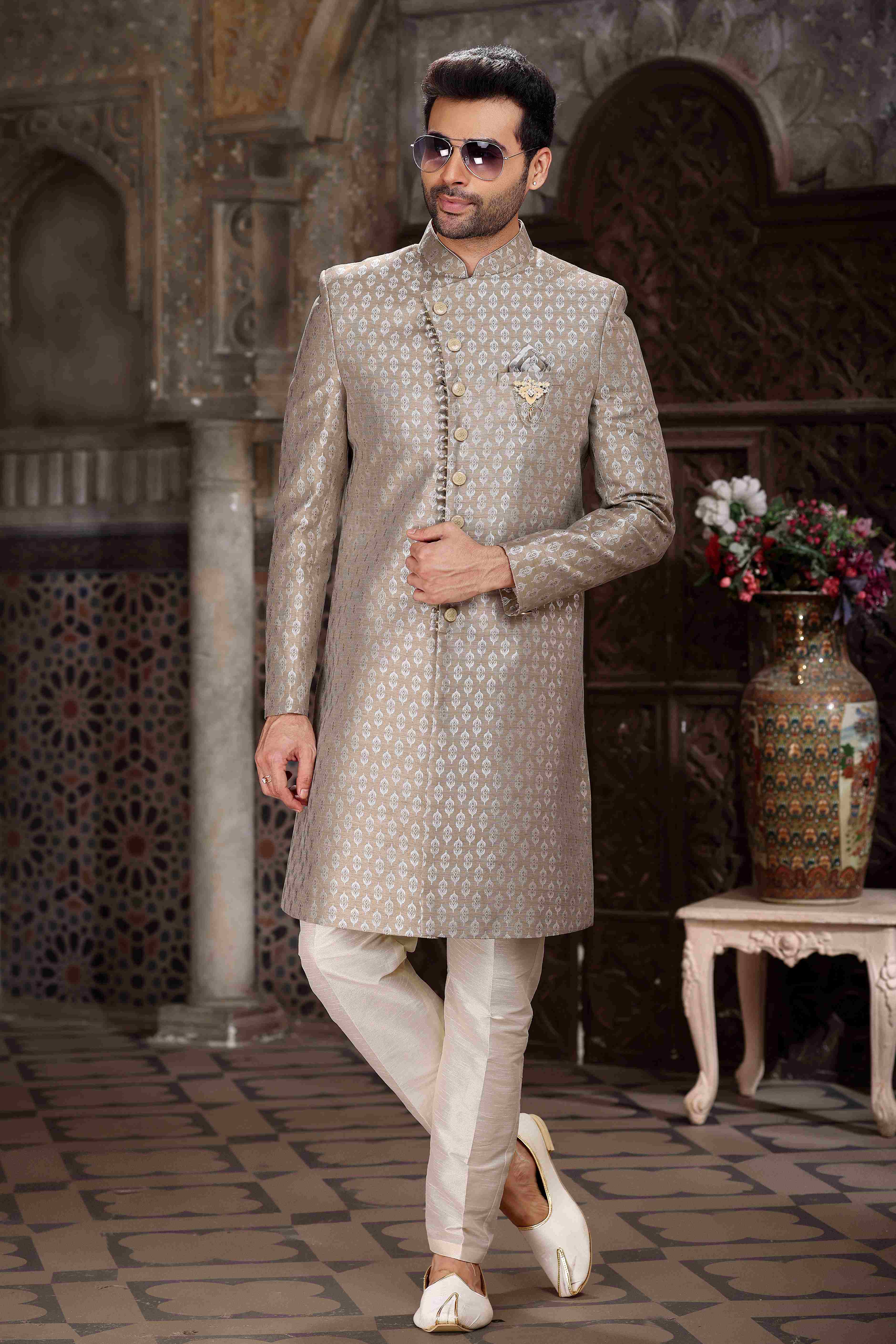 Raivat Ethnic Banarasi Jacquard Woven Work Indo Western Sherwani In Light Grey Colour