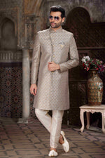 Thumbnail for Raivat Ethnic Banarasi Jacquard Woven Work Indo Western Sherwani In Light Grey Colour