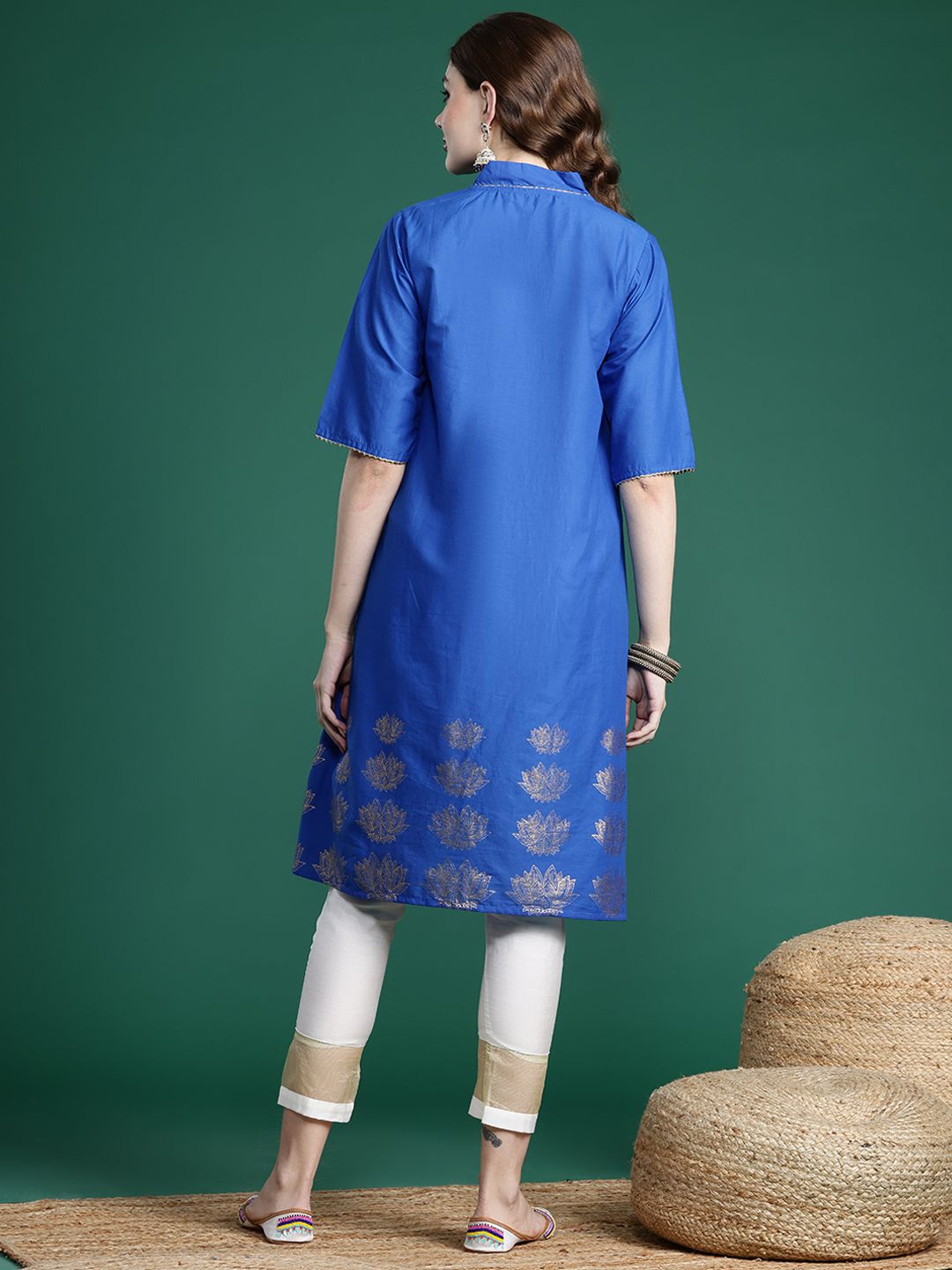 Sangria Floral Foil Printed Gota Patti Detailed A-Line Kurta - Distacart