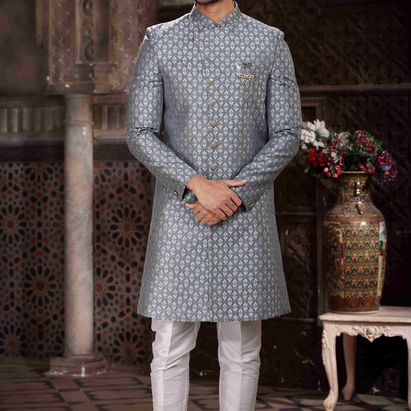 Raivat Ethnic Banarasi Jacquard Woven Work Indo Western Sherwani In Grey Colour