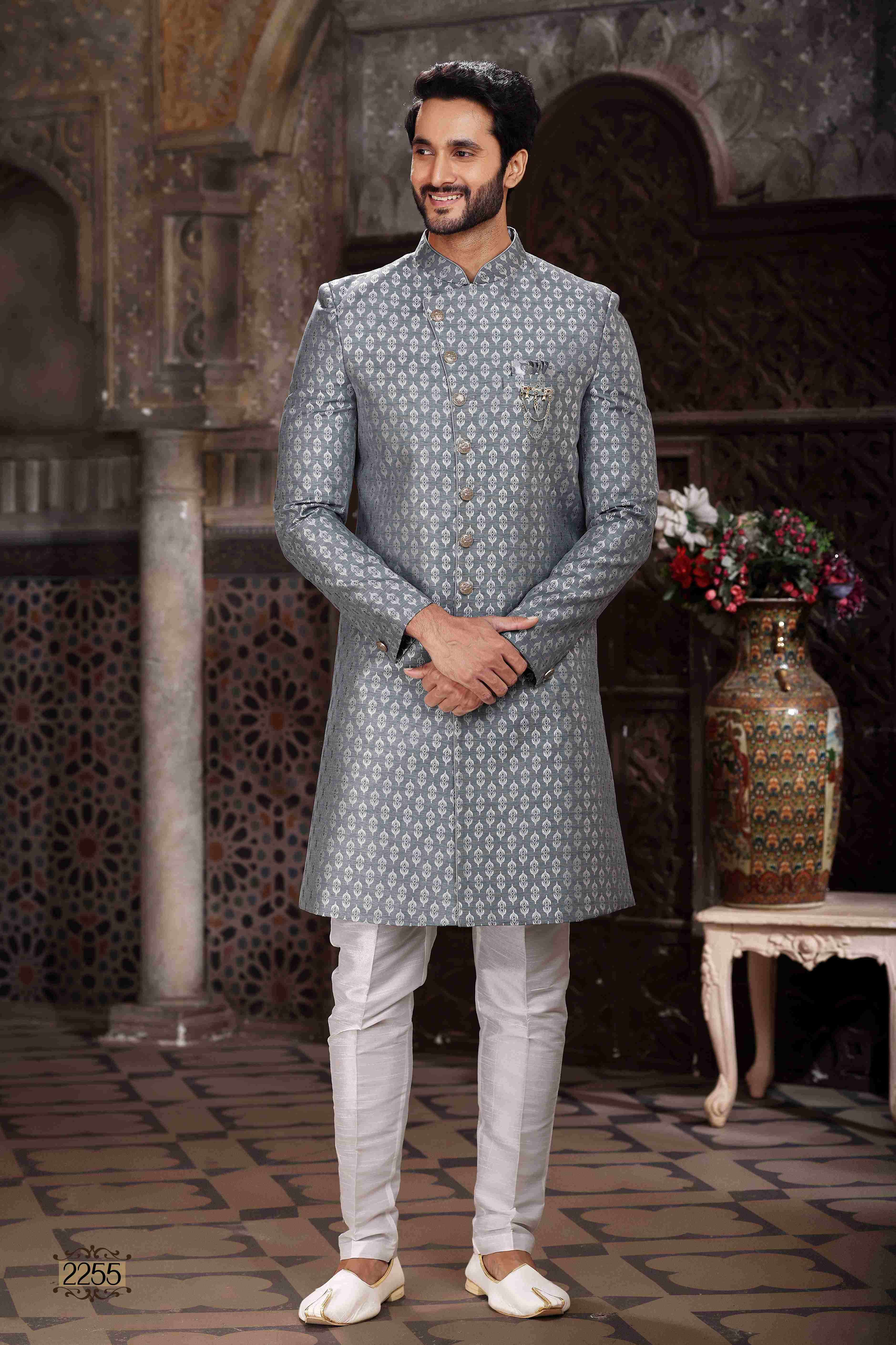 Raivat Ethnic Banarasi Jacquard Woven Work Indo Western Sherwani In Grey Colour