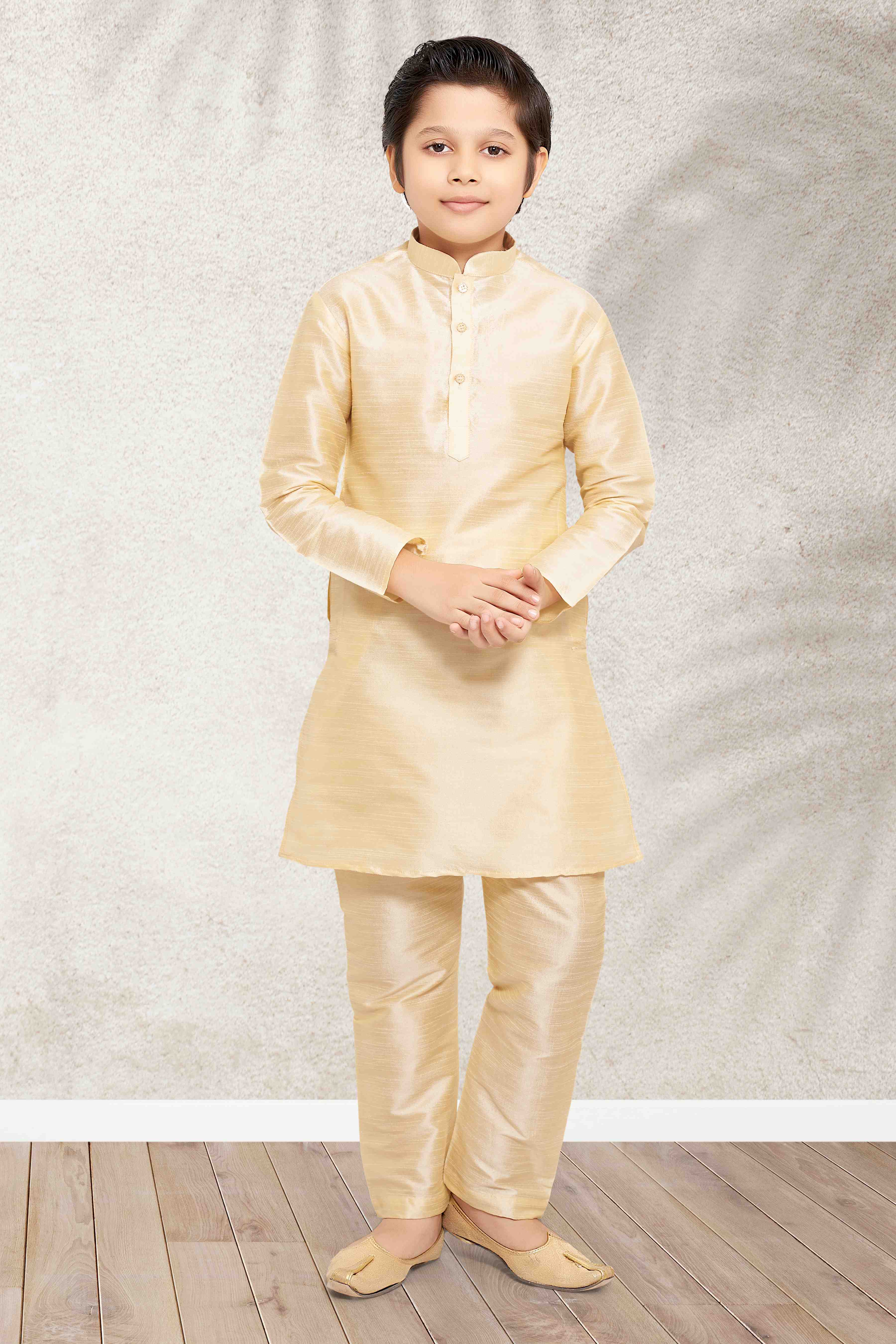 Raivat Ethnic Art Banarasi Silk Kids Kurta Pajama In Gold Colour - Distacart
