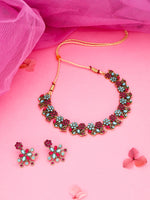 Thumbnail for Tehzeeb Creations Luxurious Gold Polished Pink & Sky Blue Colour Diamond Choker Necklace Set With Matching Earrings - Distacart