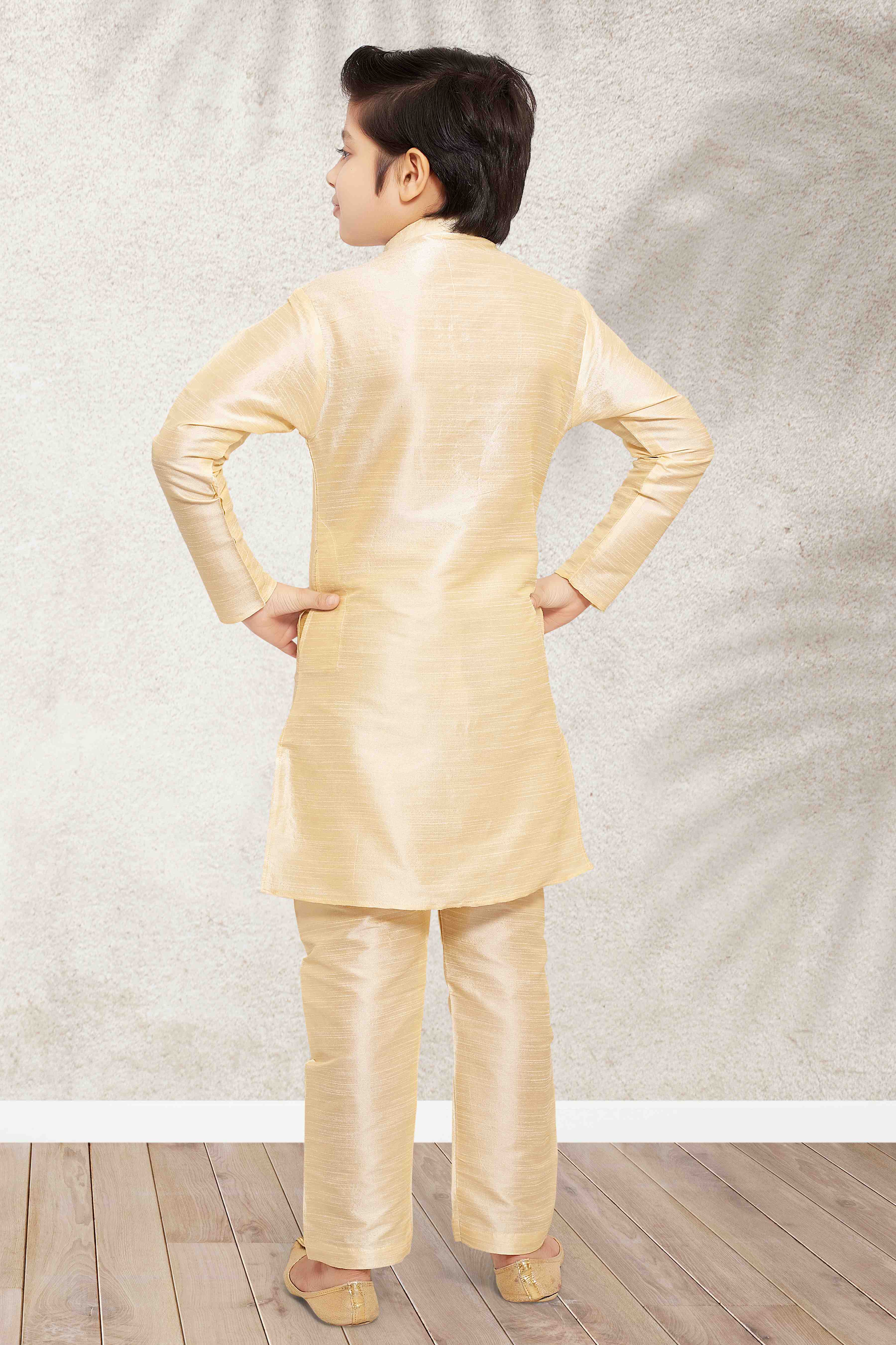 Raivat Ethnic Art Banarasi Silk Kids Kurta Pajama In Gold Colour - Distacart