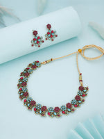 Thumbnail for Tehzeeb Creations Luxurious Gold Polished Pink & Sky Blue Colour Diamond Choker Necklace Set With Matching Earrings - Distacart