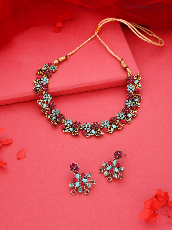 Tehzeeb Creations Luxurious Gold Polished Pink & Sky Blue Colour Diamond Choker Necklace Set With Matching Earrings - Distacart