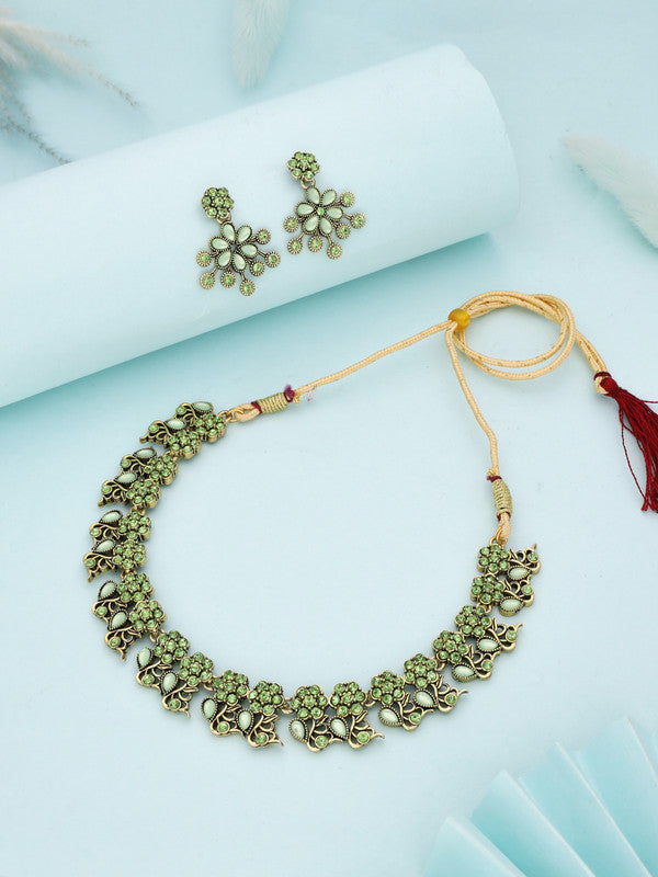 Tehzeeb Creations Luxurious Gold Polished Sea Green Colour Diamond Choker Necklace Set With Matching Earrings - Distacart