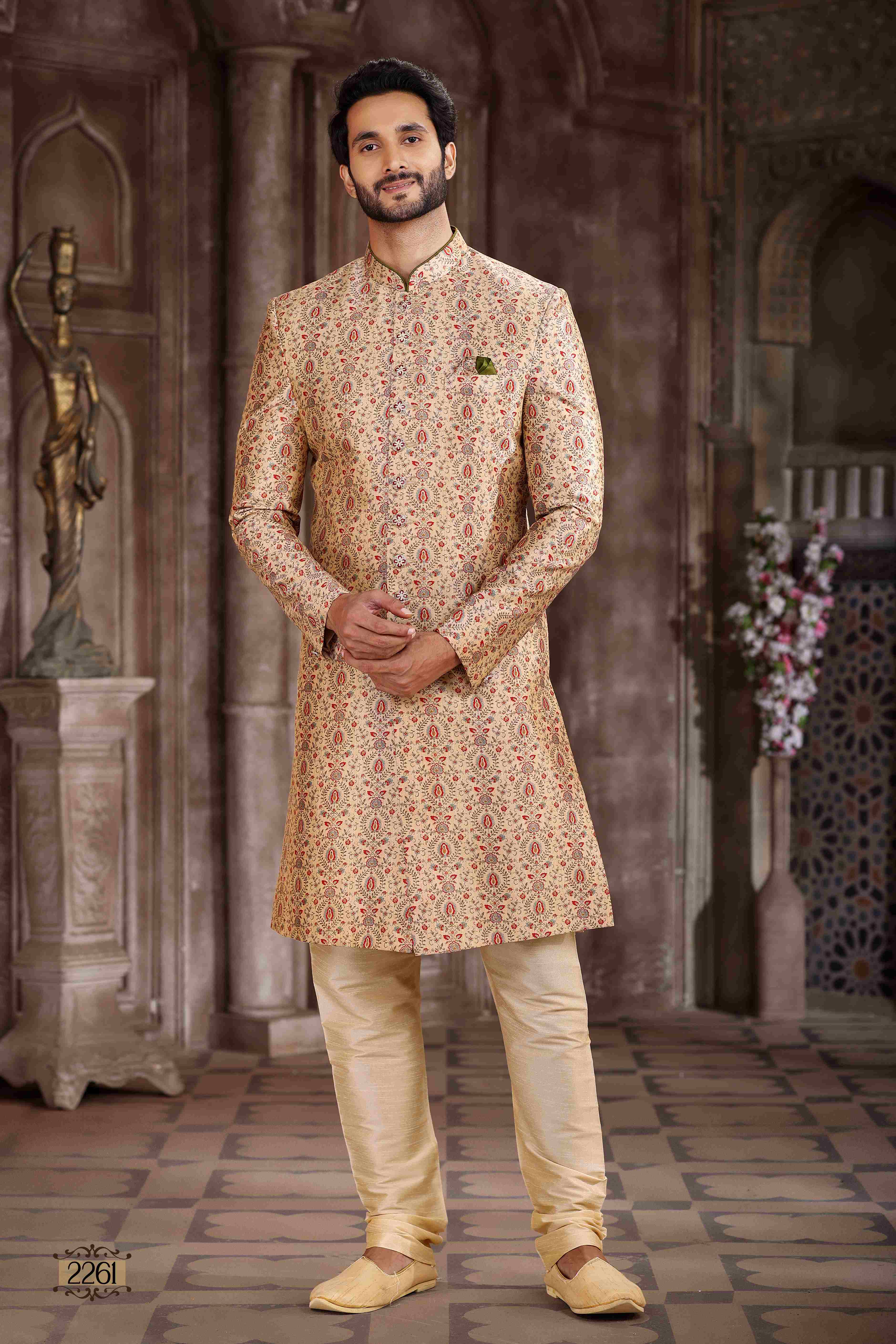 Raivat Ethnic Art Silk Digital Print Sherwani In Beige Colour