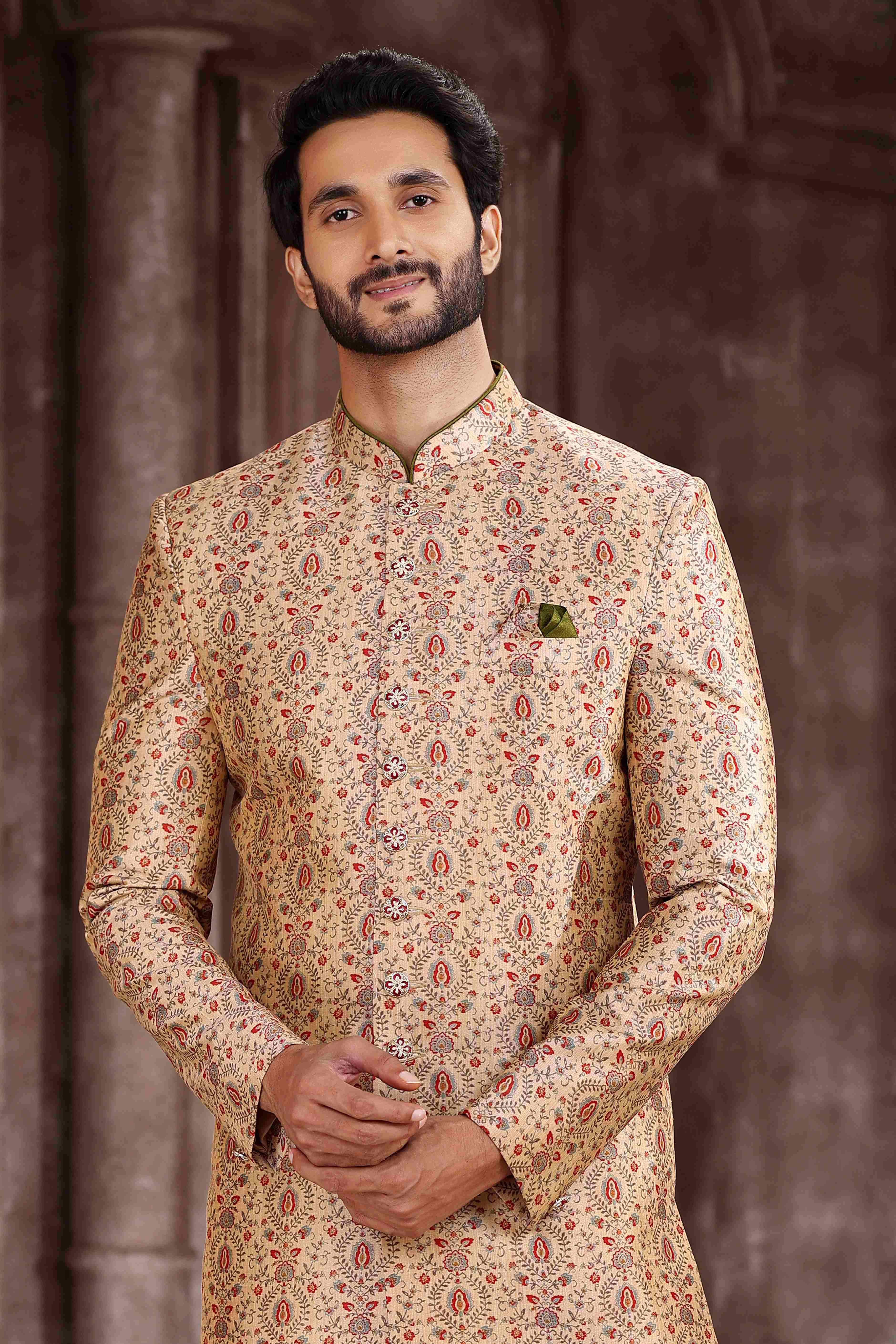 Raivat Ethnic Art Silk Digital Print Sherwani In Beige Colour