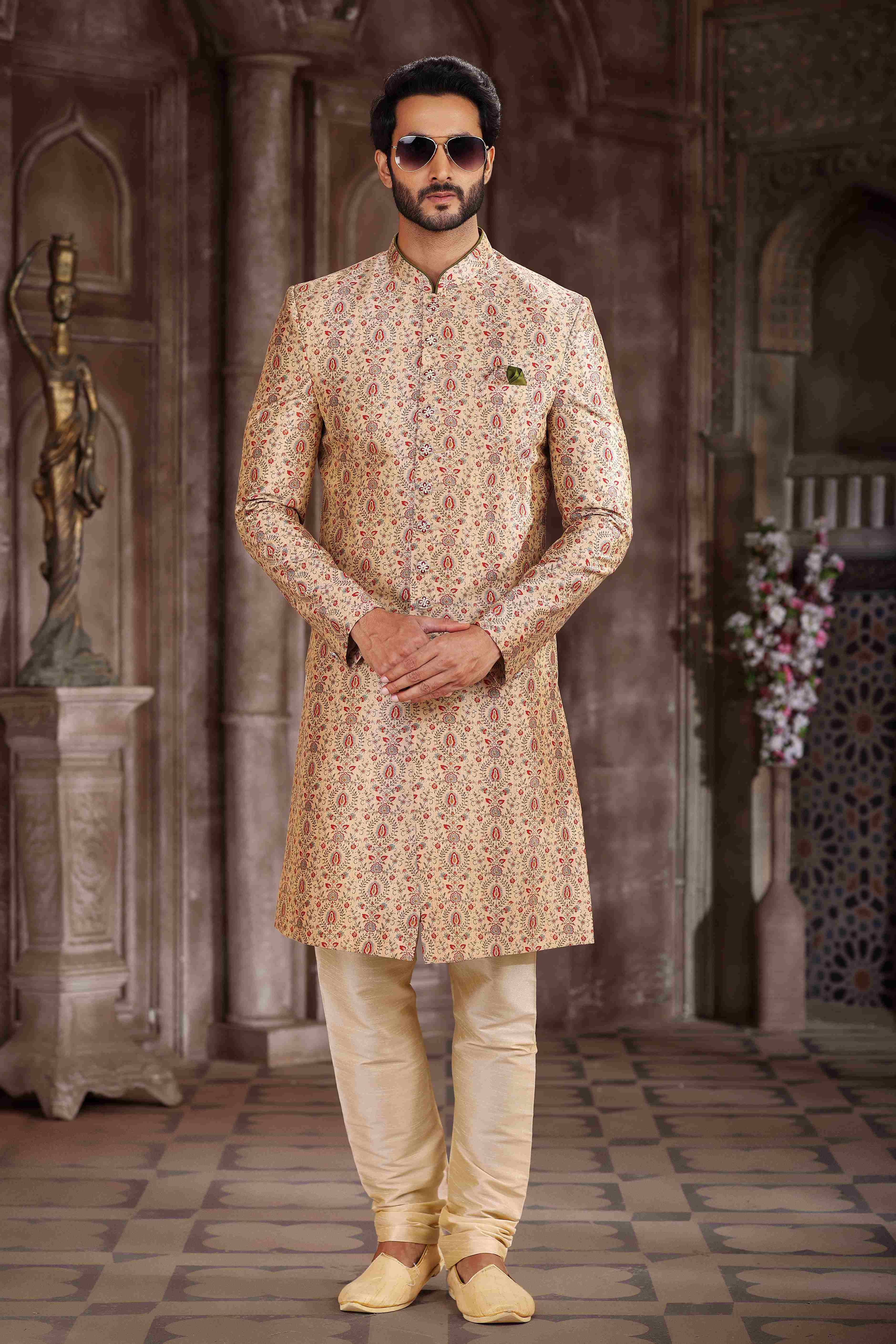 Raivat Ethnic Art Silk Digital Print Sherwani In Beige Colour