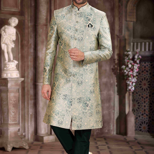 Raivat Ethnic Art Silk Digital Print Sherwani In Light Green Colour