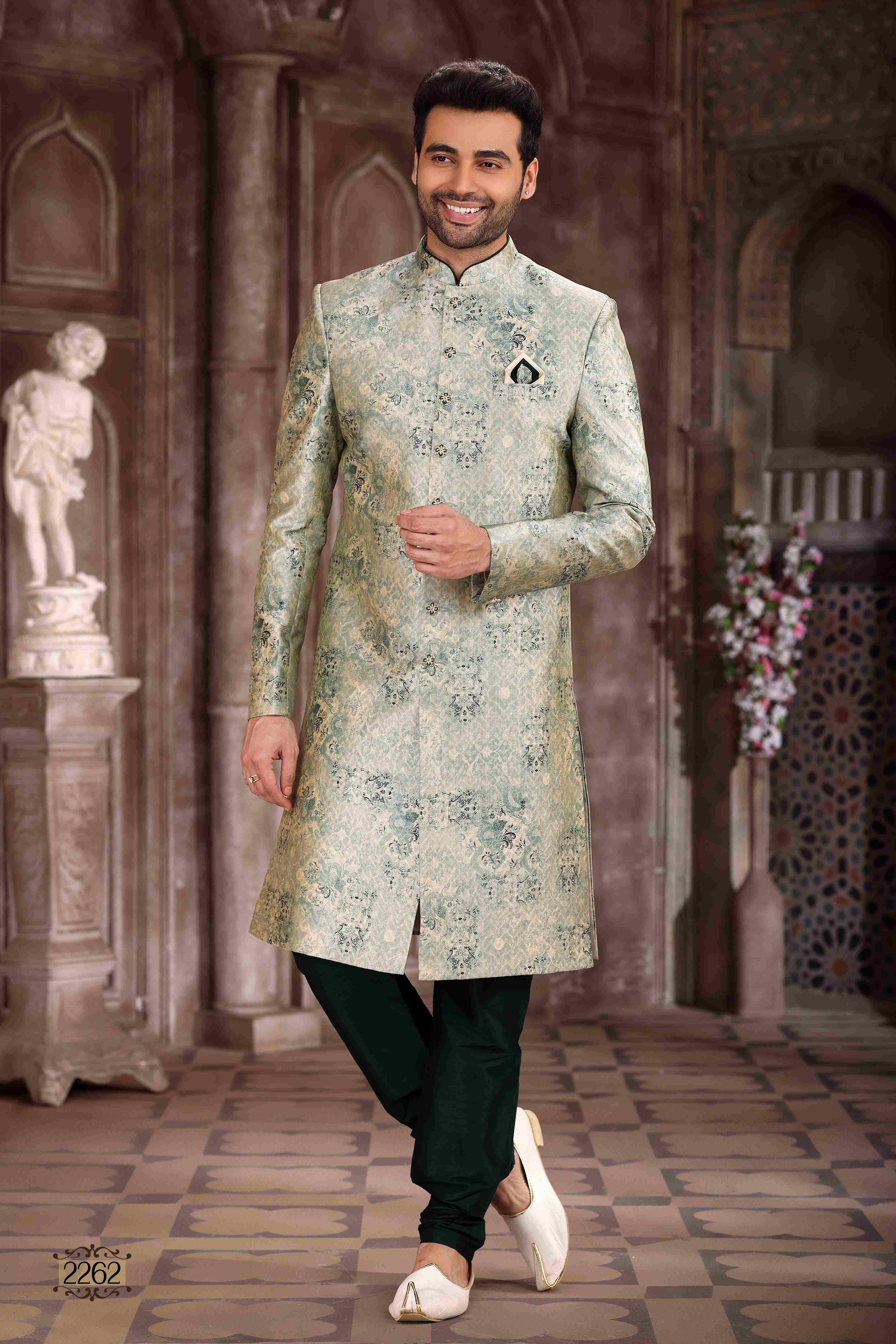 Raivat Ethnic Art Silk Digital Print Sherwani In Light Green Colour - Distacart
