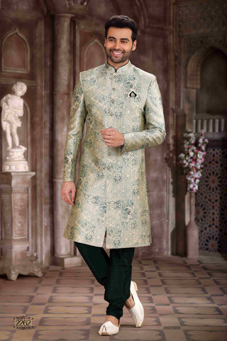 Raivat Ethnic Art Silk Digital Print Sherwani In Light Green Colour