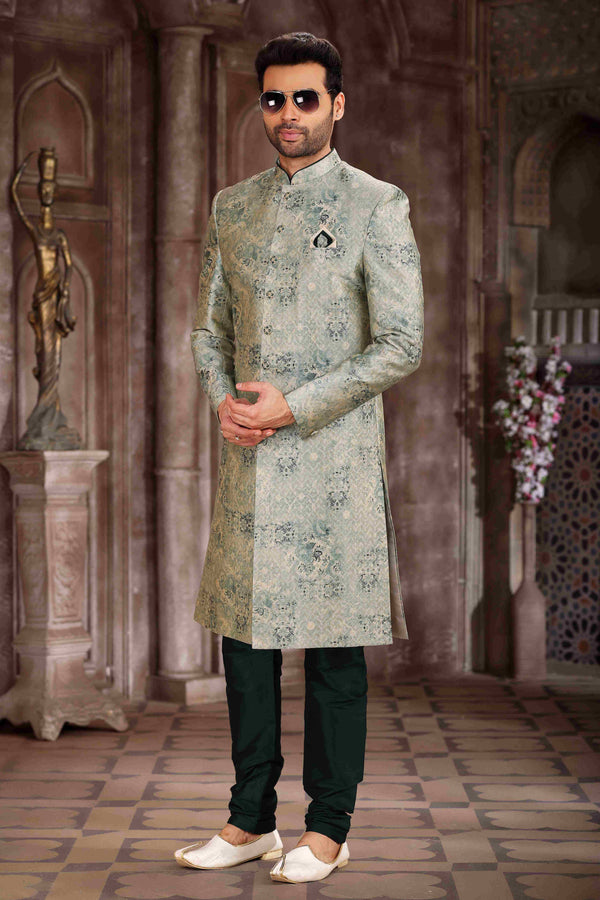 Raivat Ethnic Art Silk Digital Print Sherwani In Light Green Colour