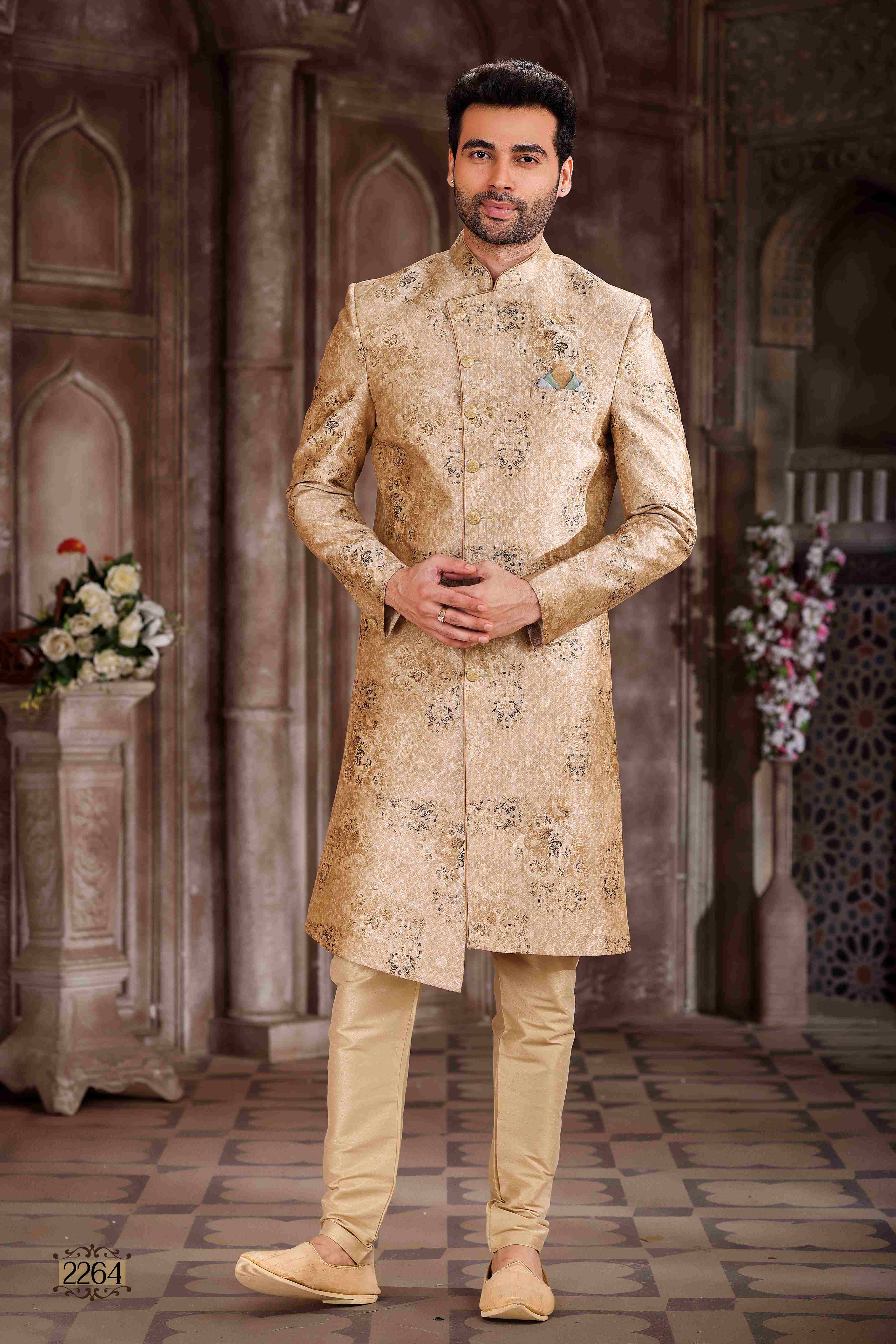 Raivat Ethnic Art Silk Digital Print Sherwani In Peach Colour