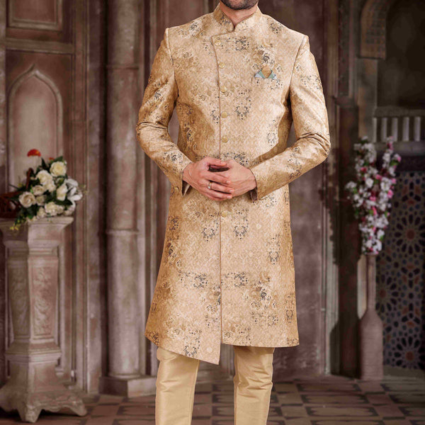 Raivat Ethnic Art Silk Digital Print Sherwani In Peach Colour