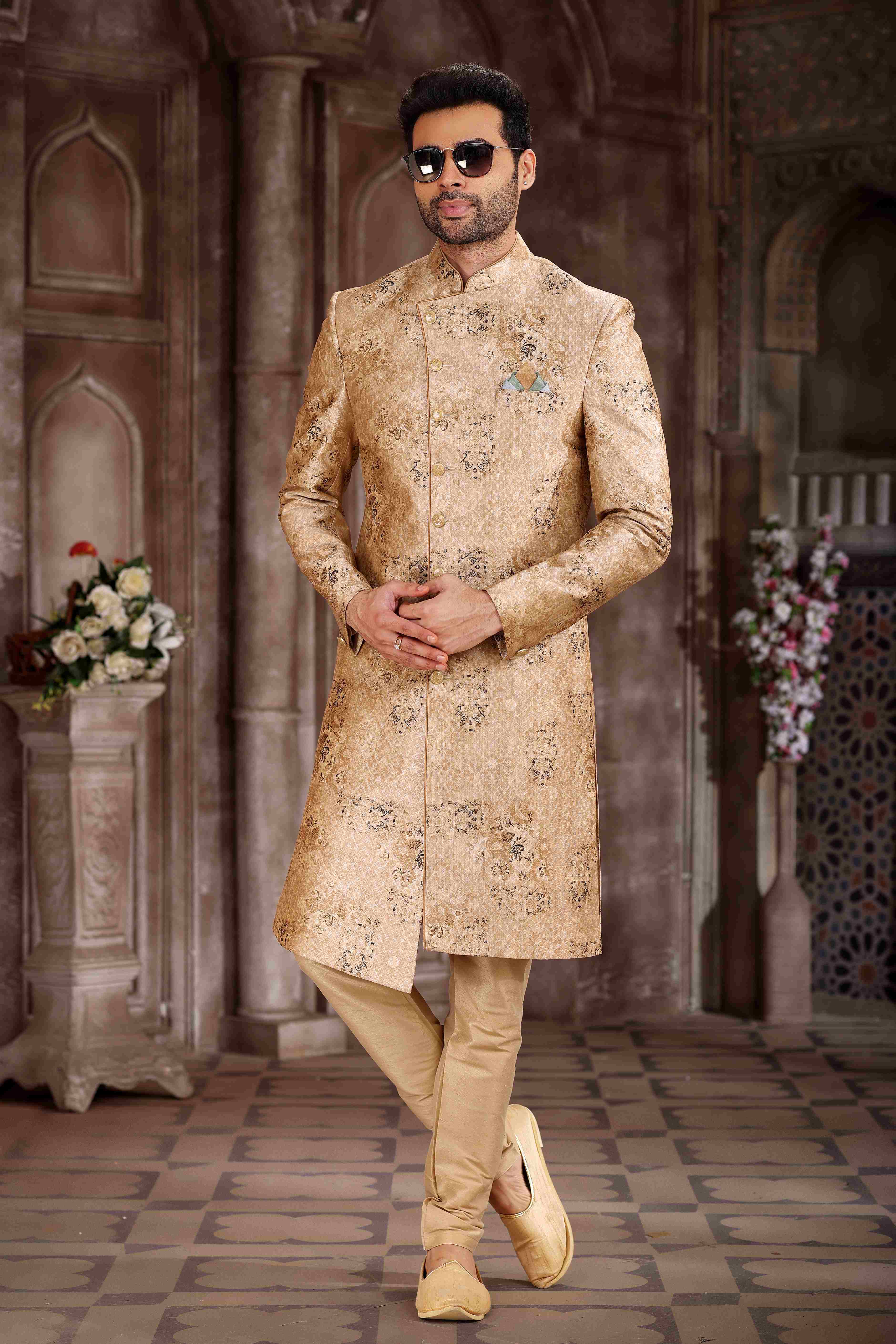 Raivat Ethnic Art Silk Digital Print Sherwani In Peach Colour