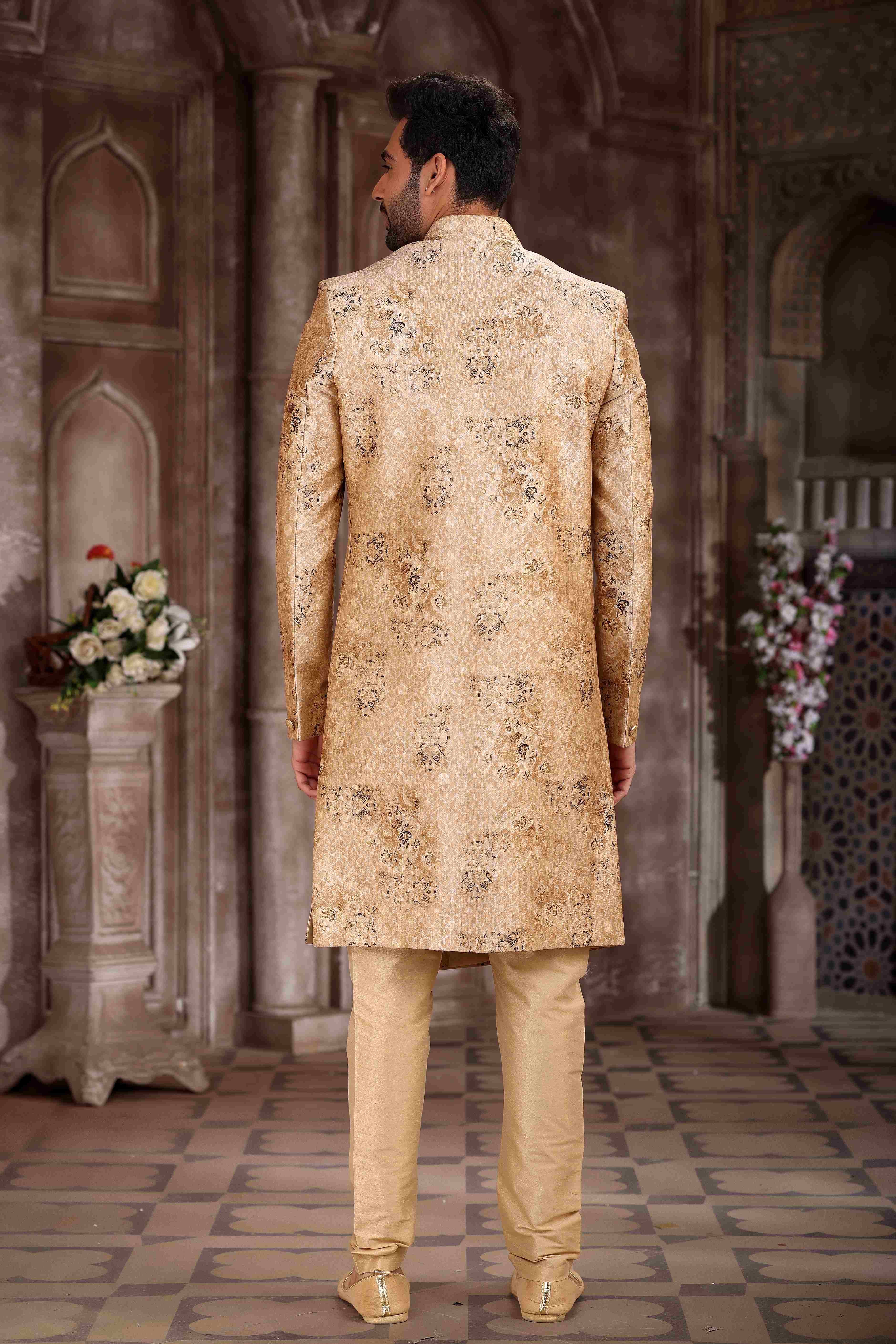 Raivat Ethnic Art Silk Digital Print Sherwani In Peach Colour
