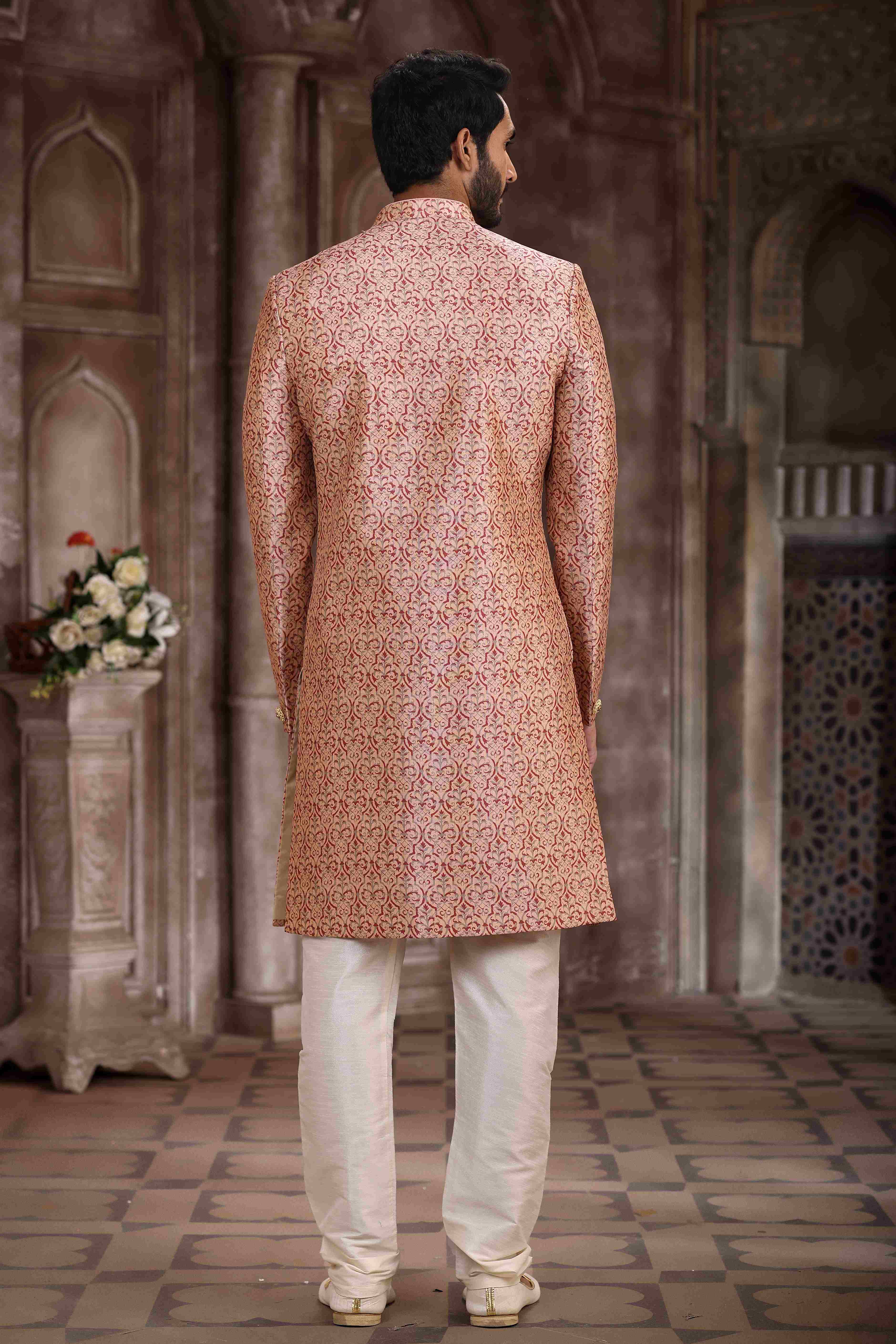 Raivat Ethnic Art Silk Digital Print Sherwani In Pink Colour