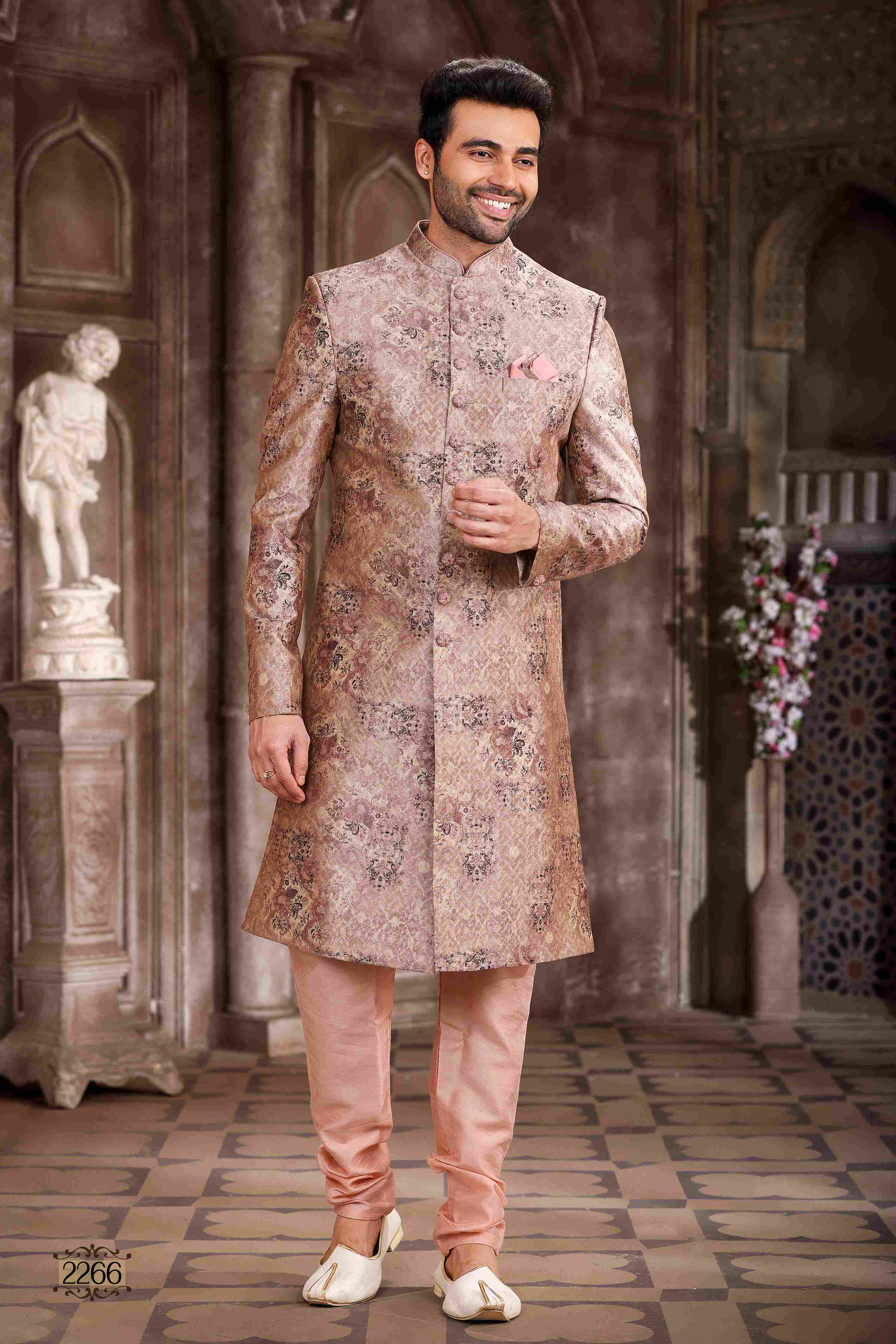 Raivat Ethnic Art Silk Digital Print Sherwani In Peach Colour