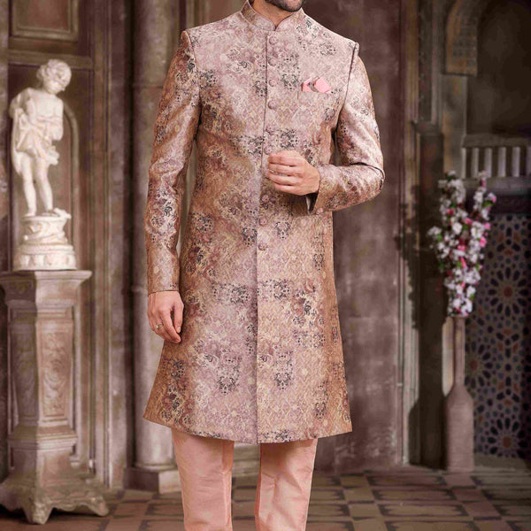 Raivat Ethnic Art Silk Digital Print Sherwani In Peach Colour