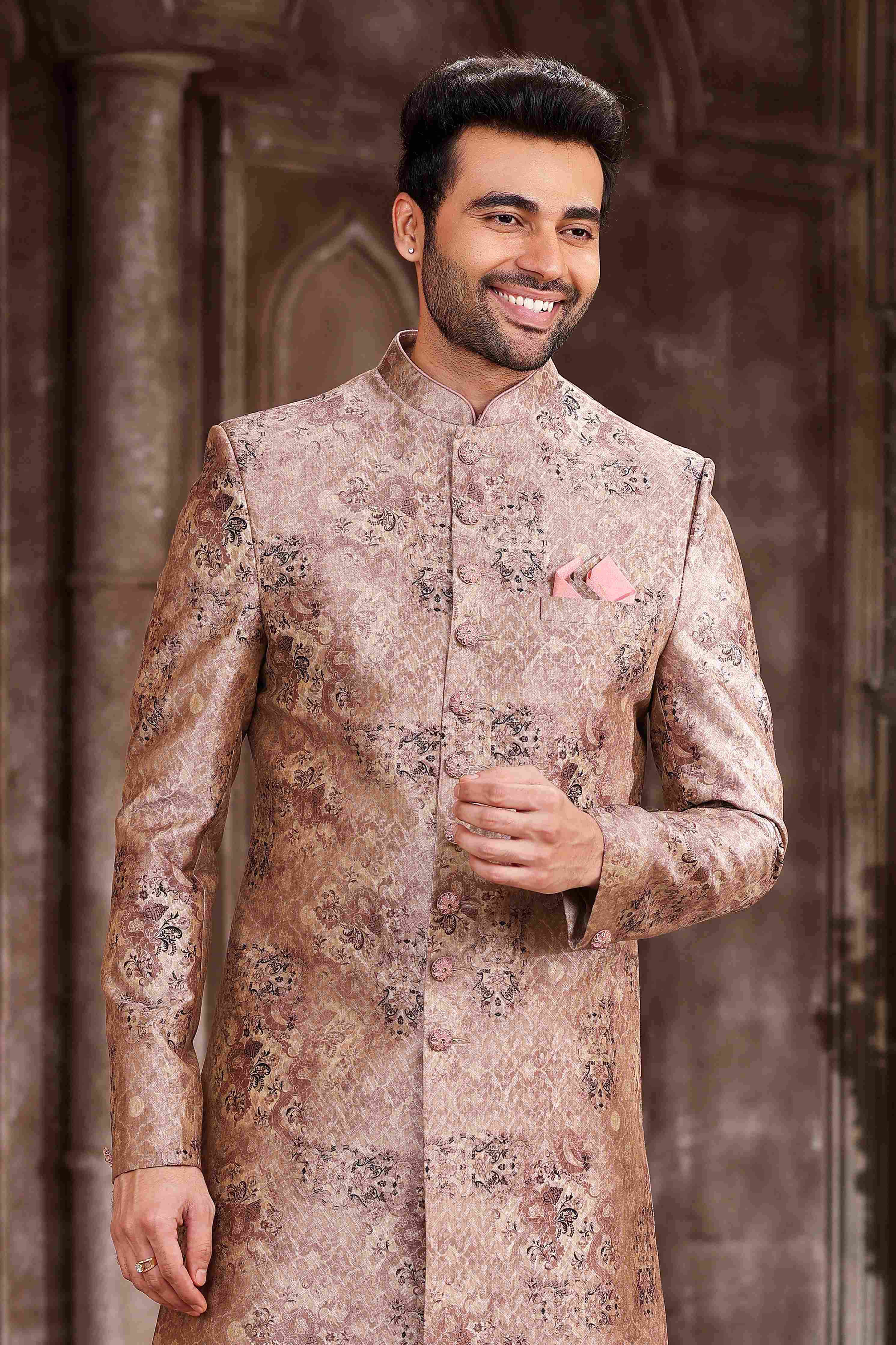 Raivat Ethnic Art Silk Digital Print Sherwani In Peach Colour