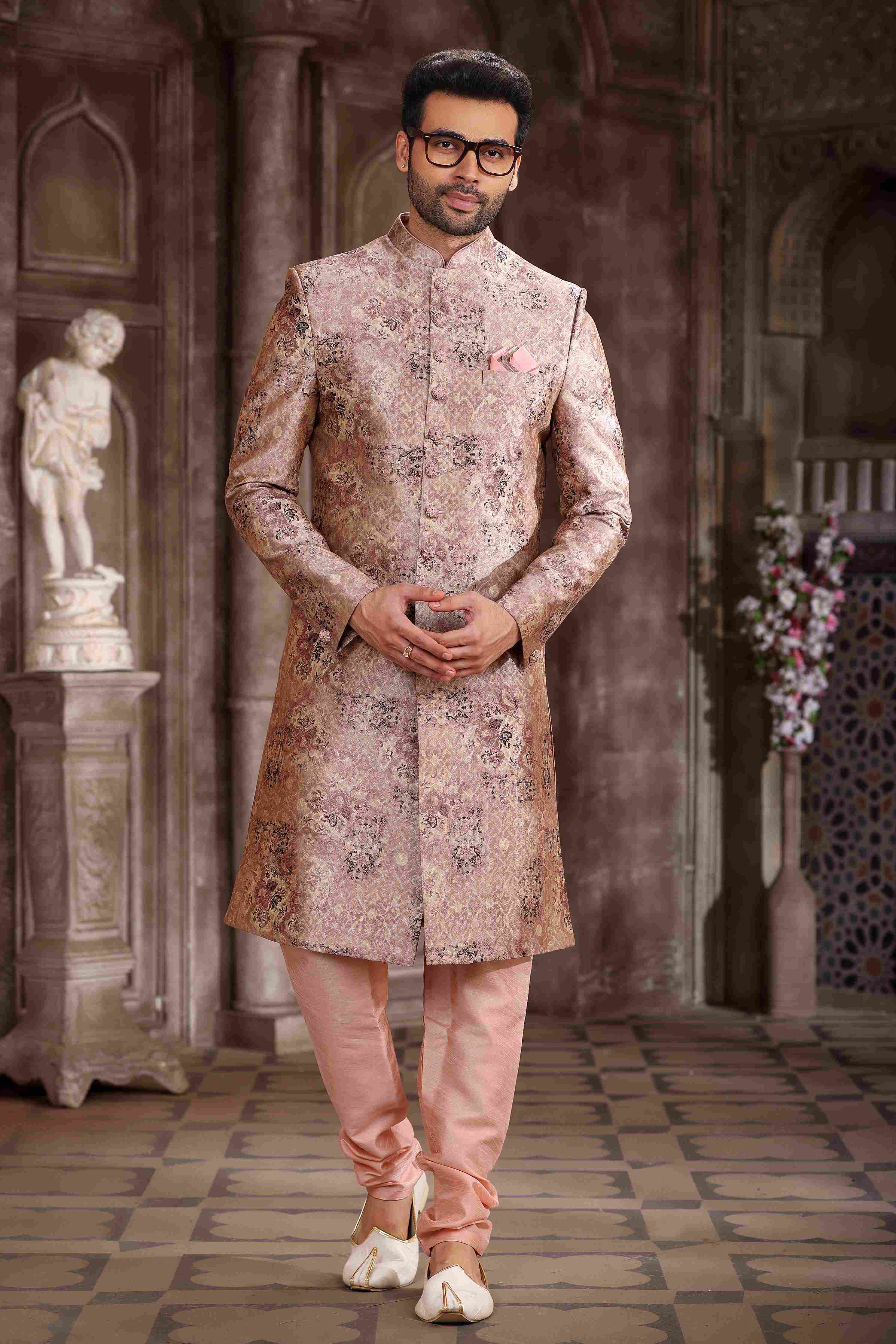 Raivat Ethnic Art Silk Digital Print Sherwani In Peach Colour