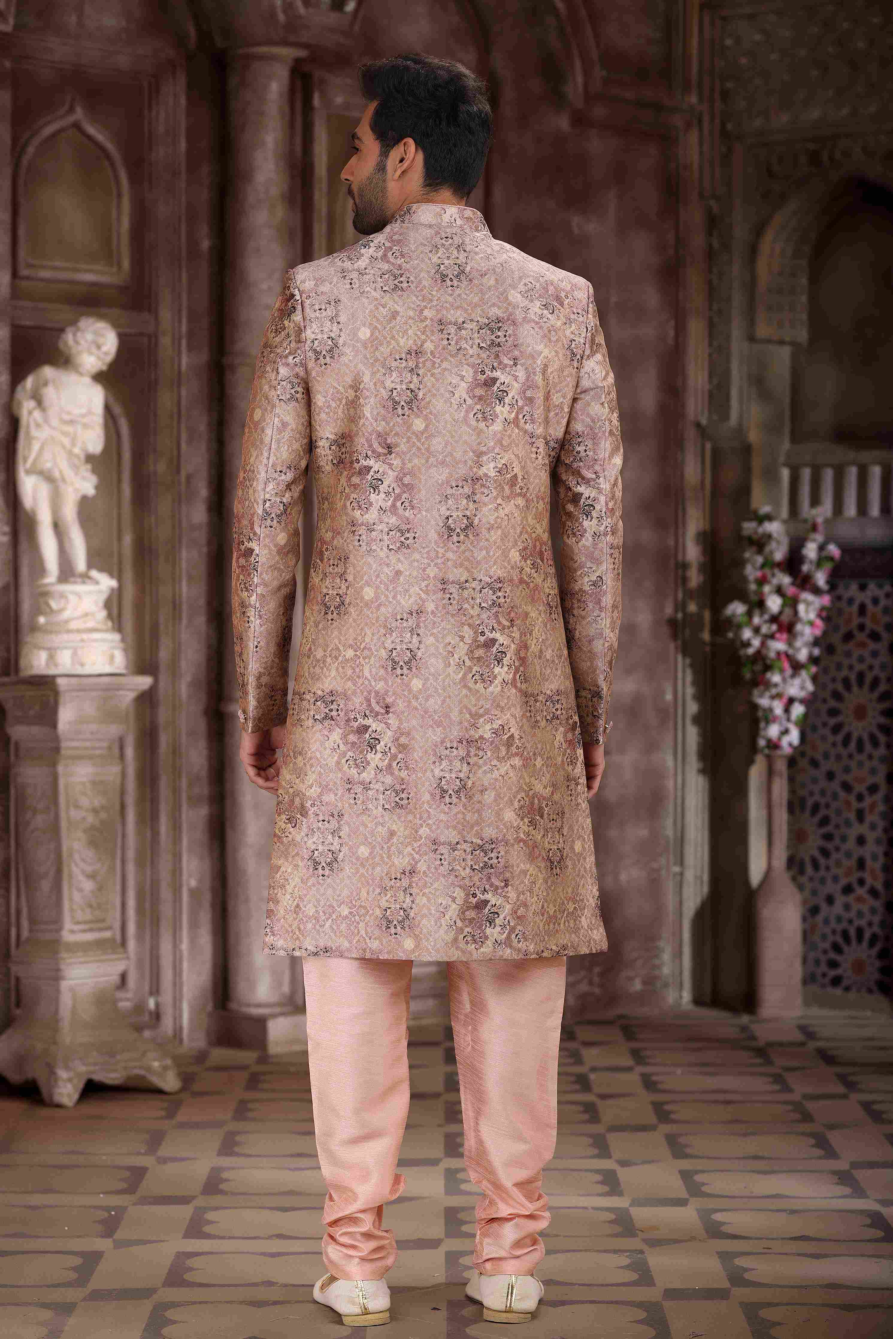Raivat Ethnic Art Silk Digital Print Sherwani In Peach Colour