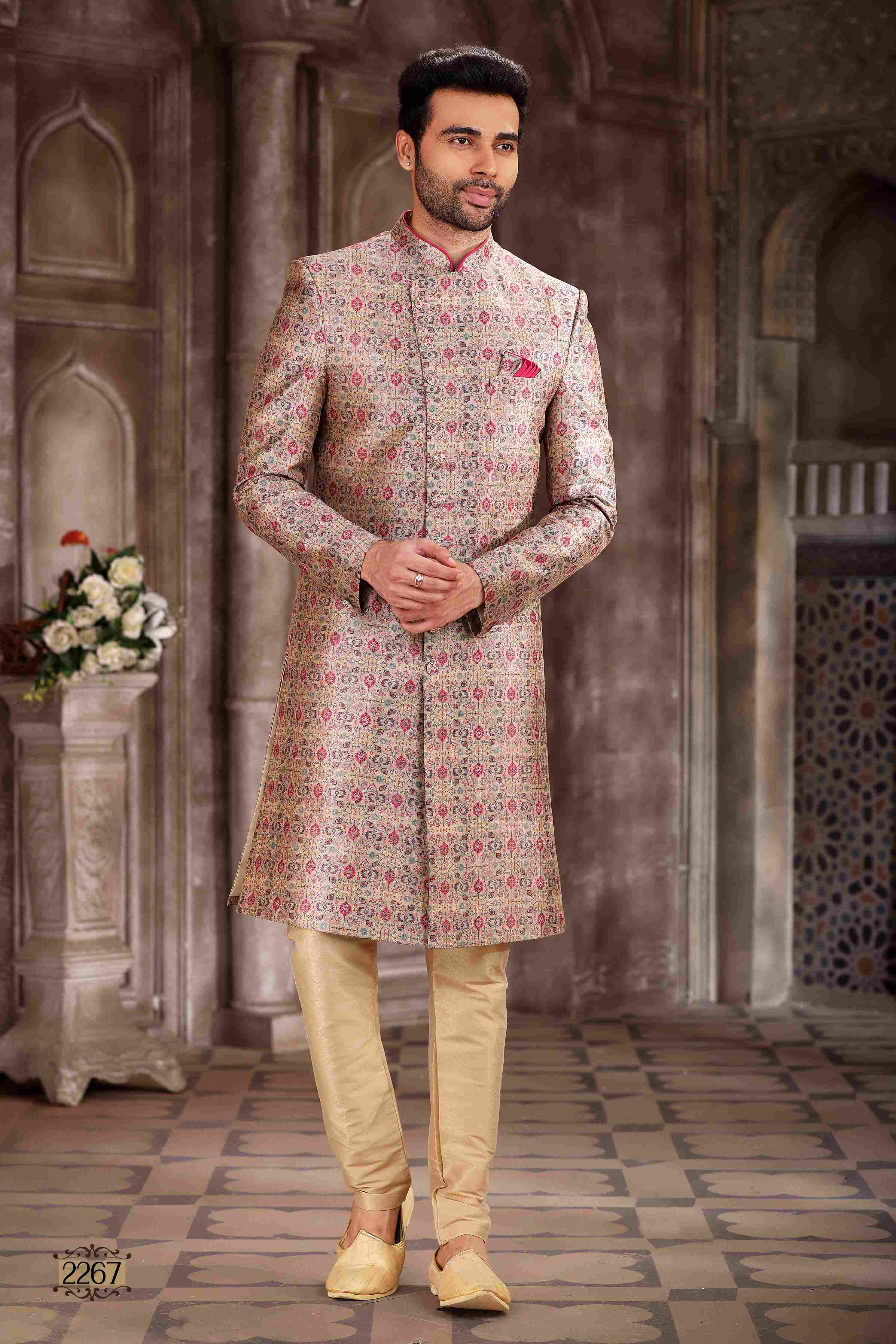 Raivat Ethnic Art Silk Digital Print Sherwani In Pink Colour