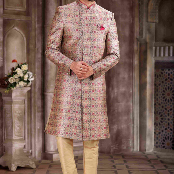 Raivat Ethnic Art Silk Digital Print Sherwani In Pink Colour