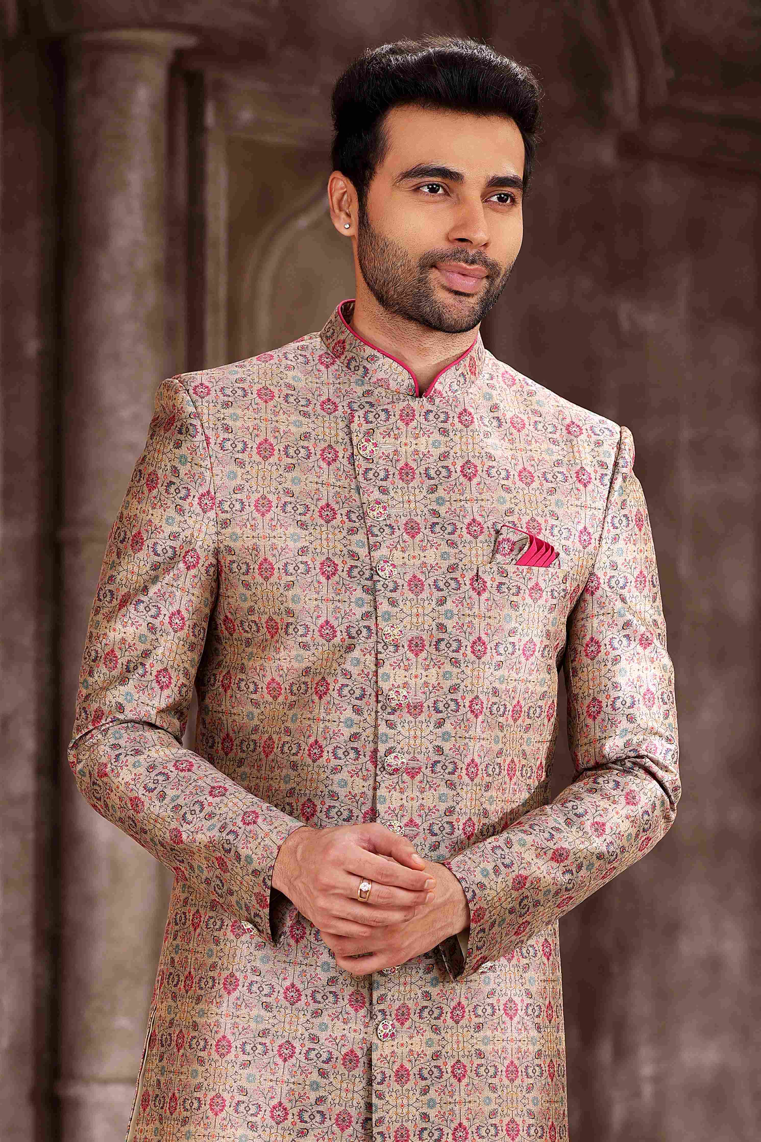 Raivat Ethnic Art Silk Digital Print Sherwani In Pink Colour