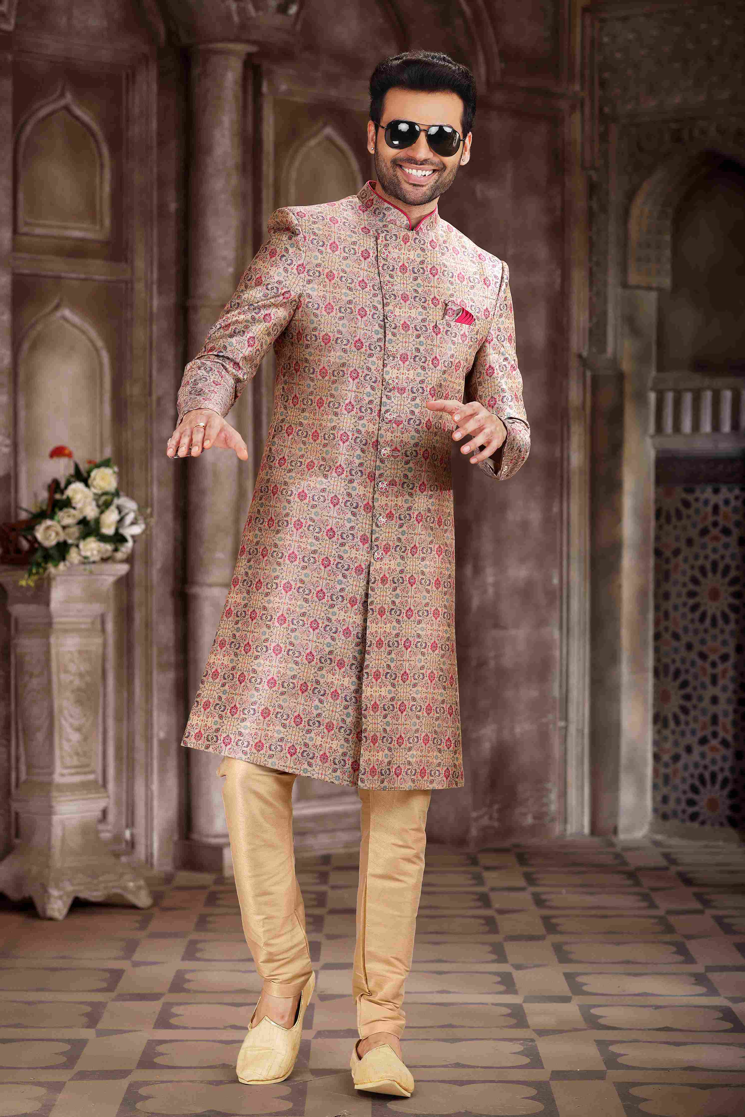 Raivat Ethnic Art Silk Digital Print Sherwani In Pink Colour