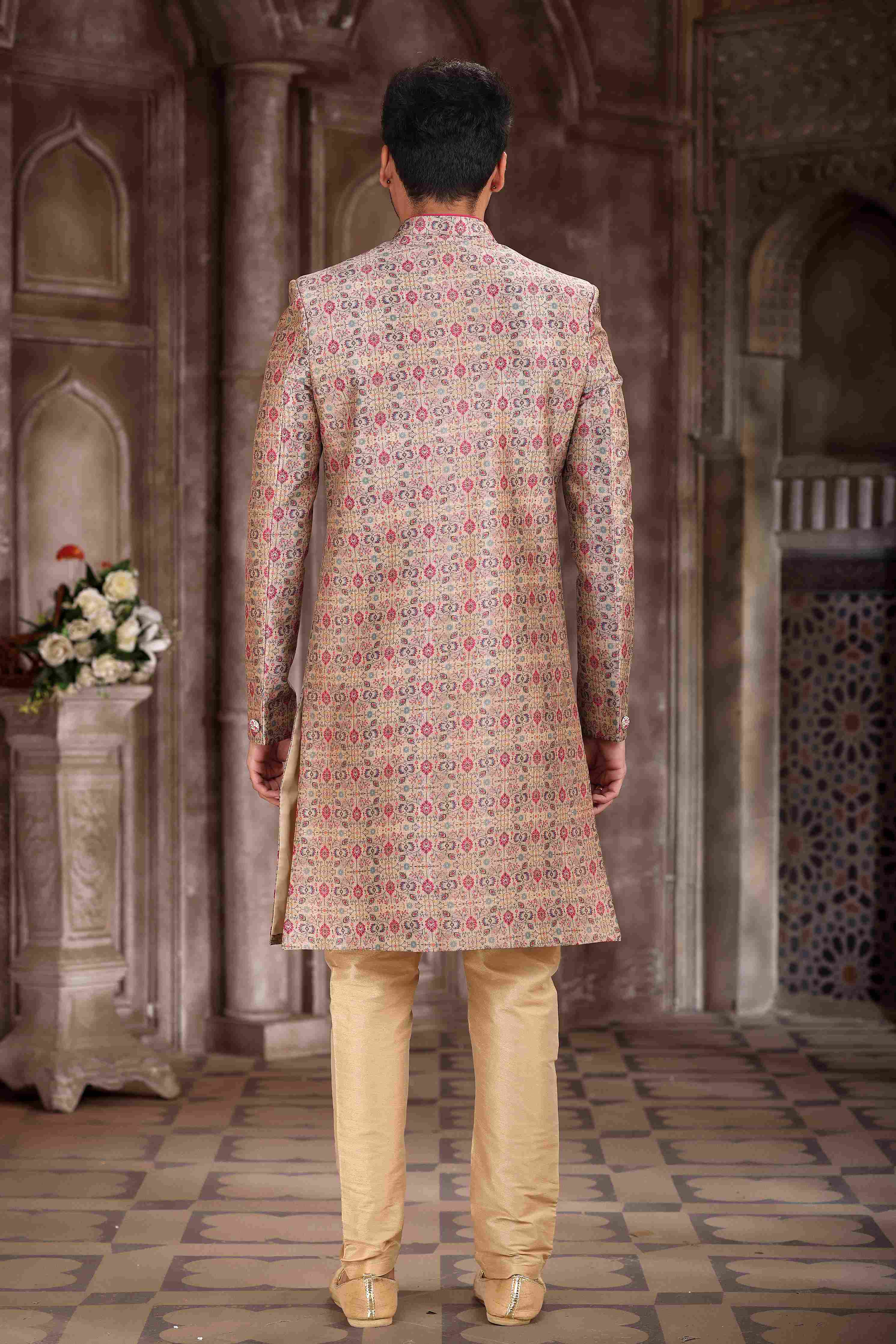 Raivat Ethnic Art Silk Digital Print Sherwani In Pink Colour