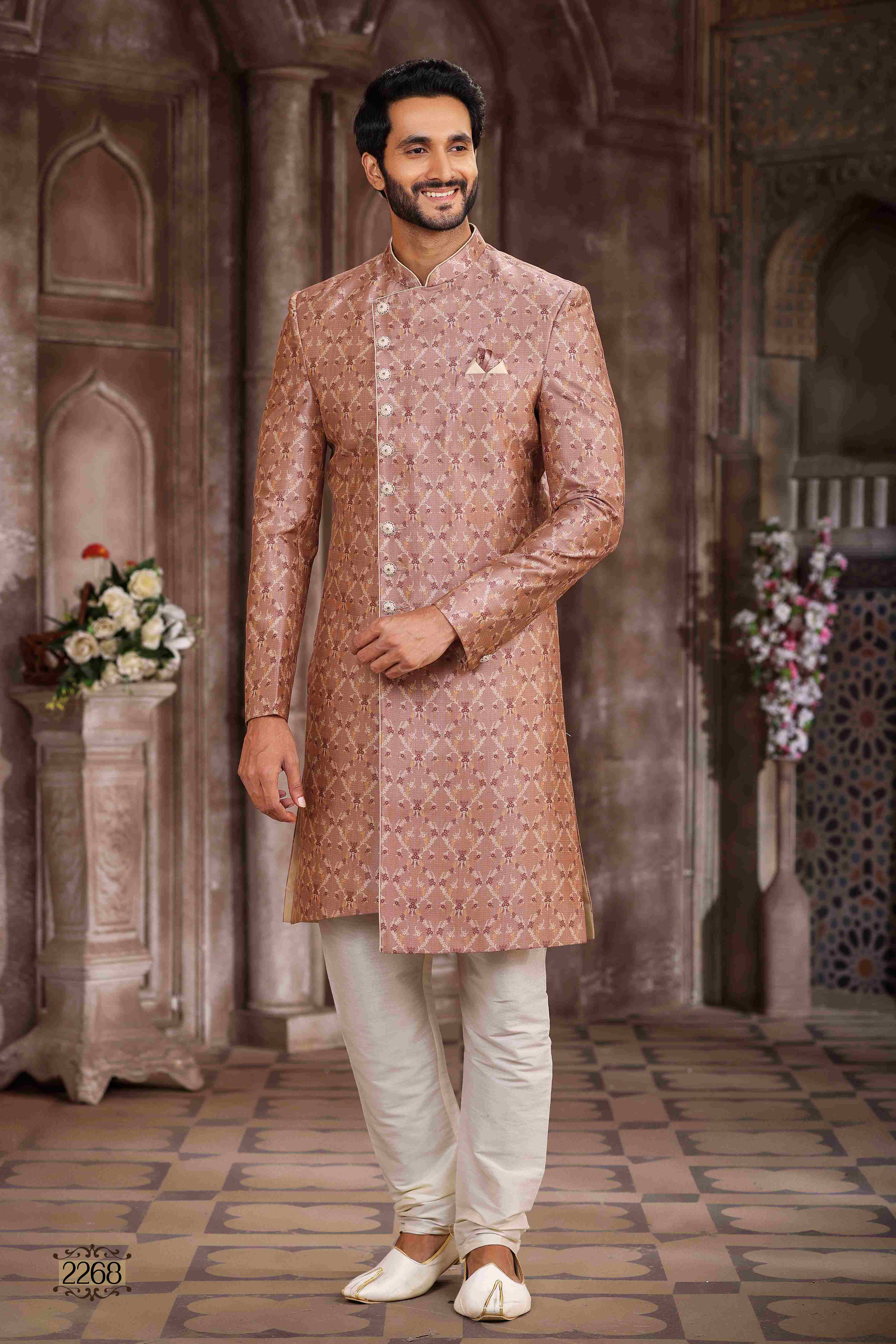 Raivat Ethnic Art Silk Digital Print Sherwani In Onion Pink Colour
