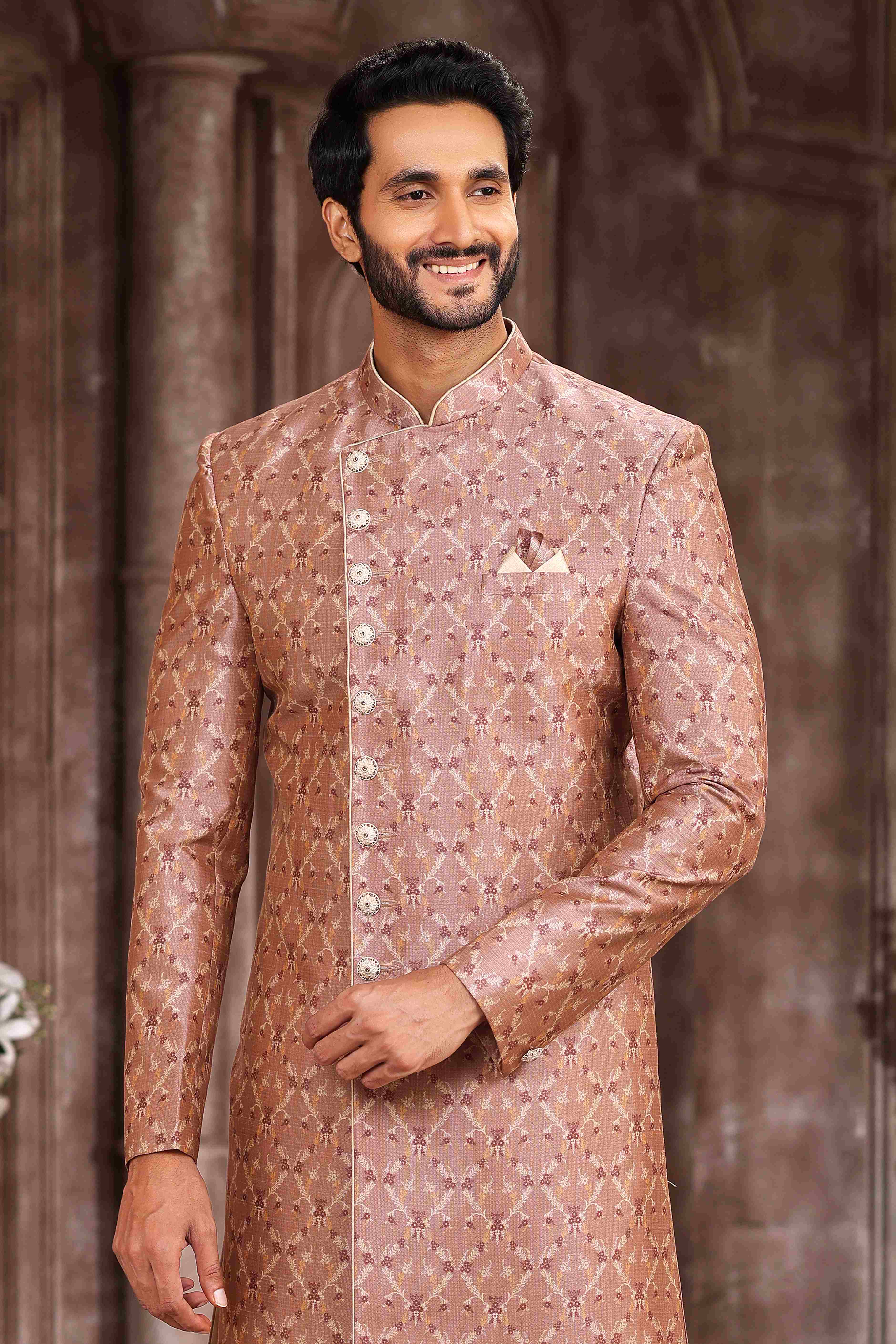 Raivat Ethnic Art Silk Digital Print Sherwani In Onion Pink Colour