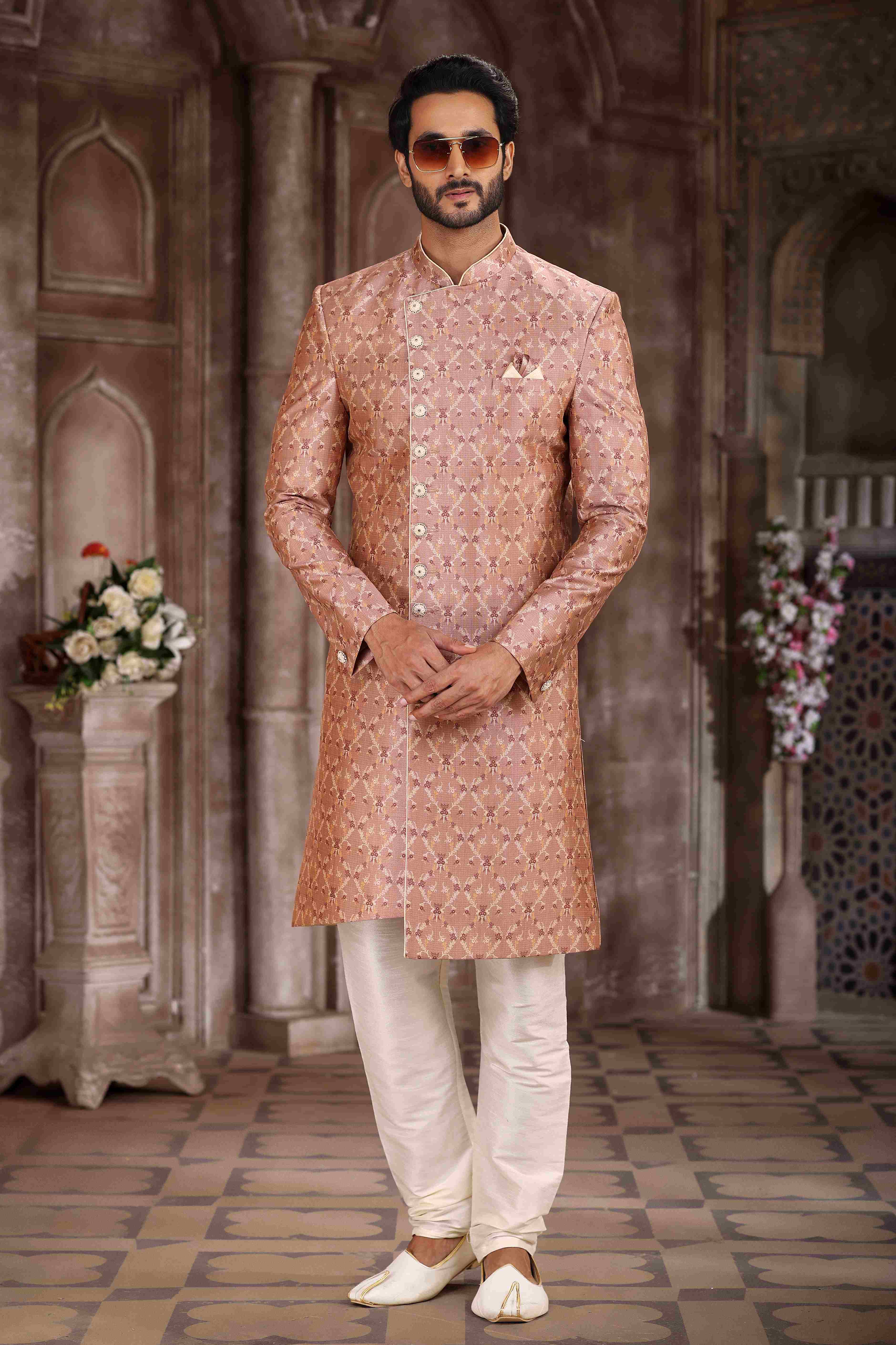 Raivat Ethnic Art Silk Digital Print Sherwani In Onion Pink Colour
