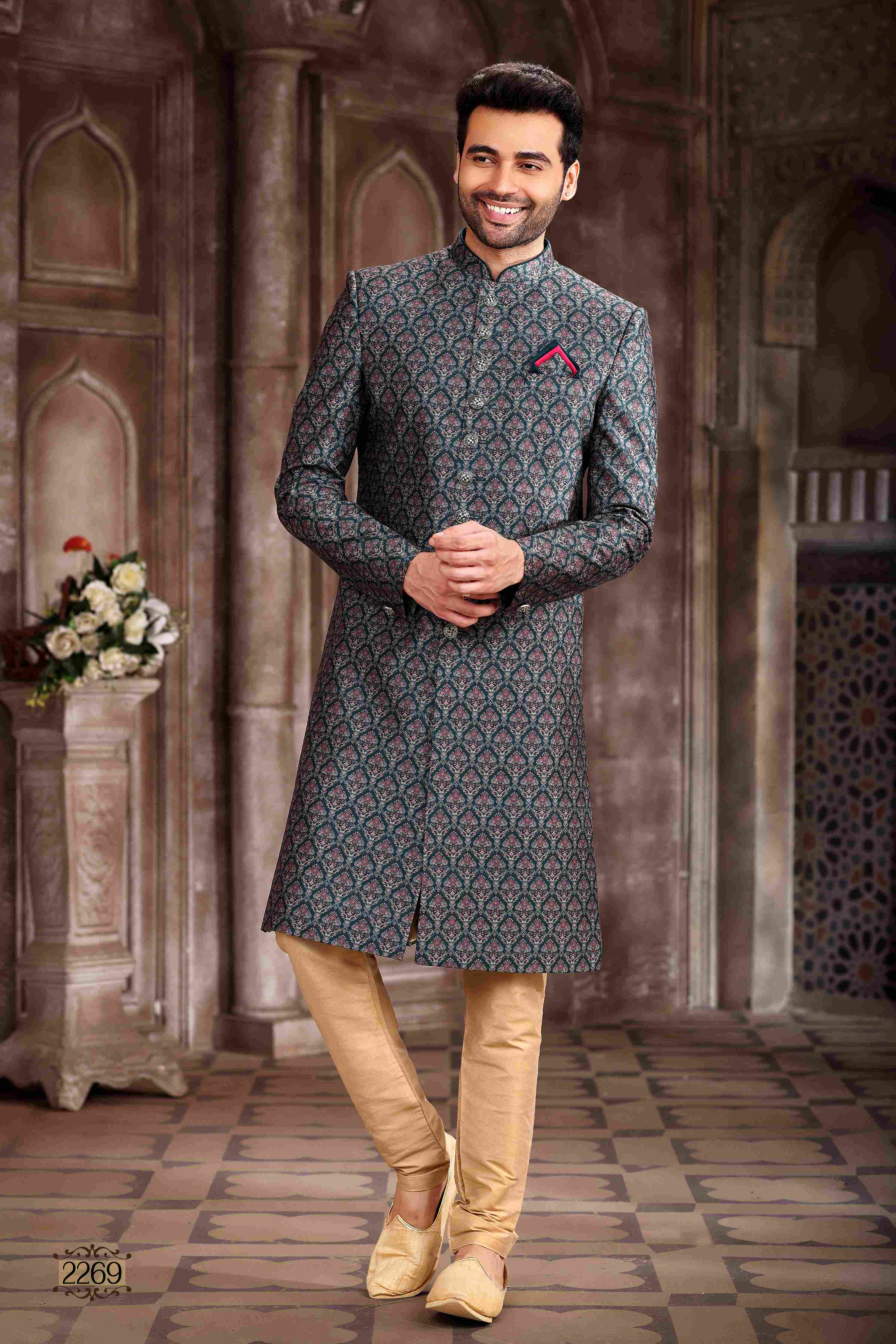 Raivat Ethnic Art Silk Digital Print Sherwani In Green Colour