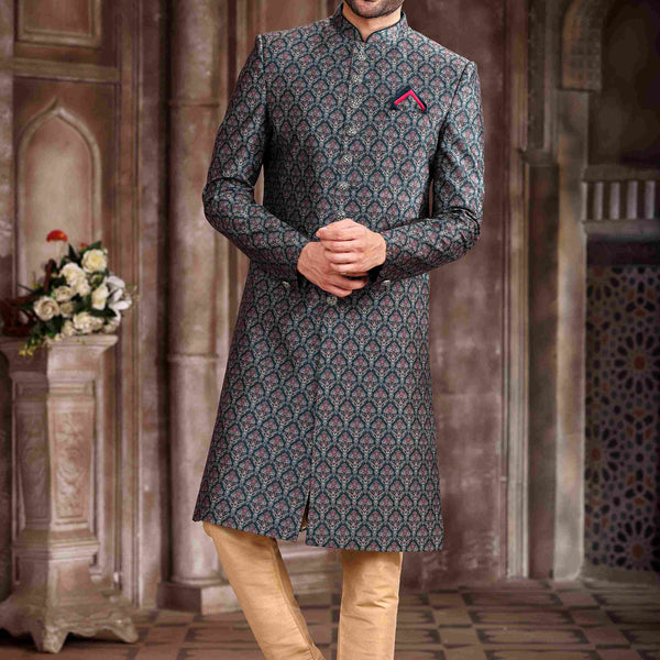 Raivat Ethnic Art Silk Digital Print Sherwani In Green Colour