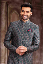 Thumbnail for Raivat Ethnic Art Silk Digital Print Sherwani In Green Colour