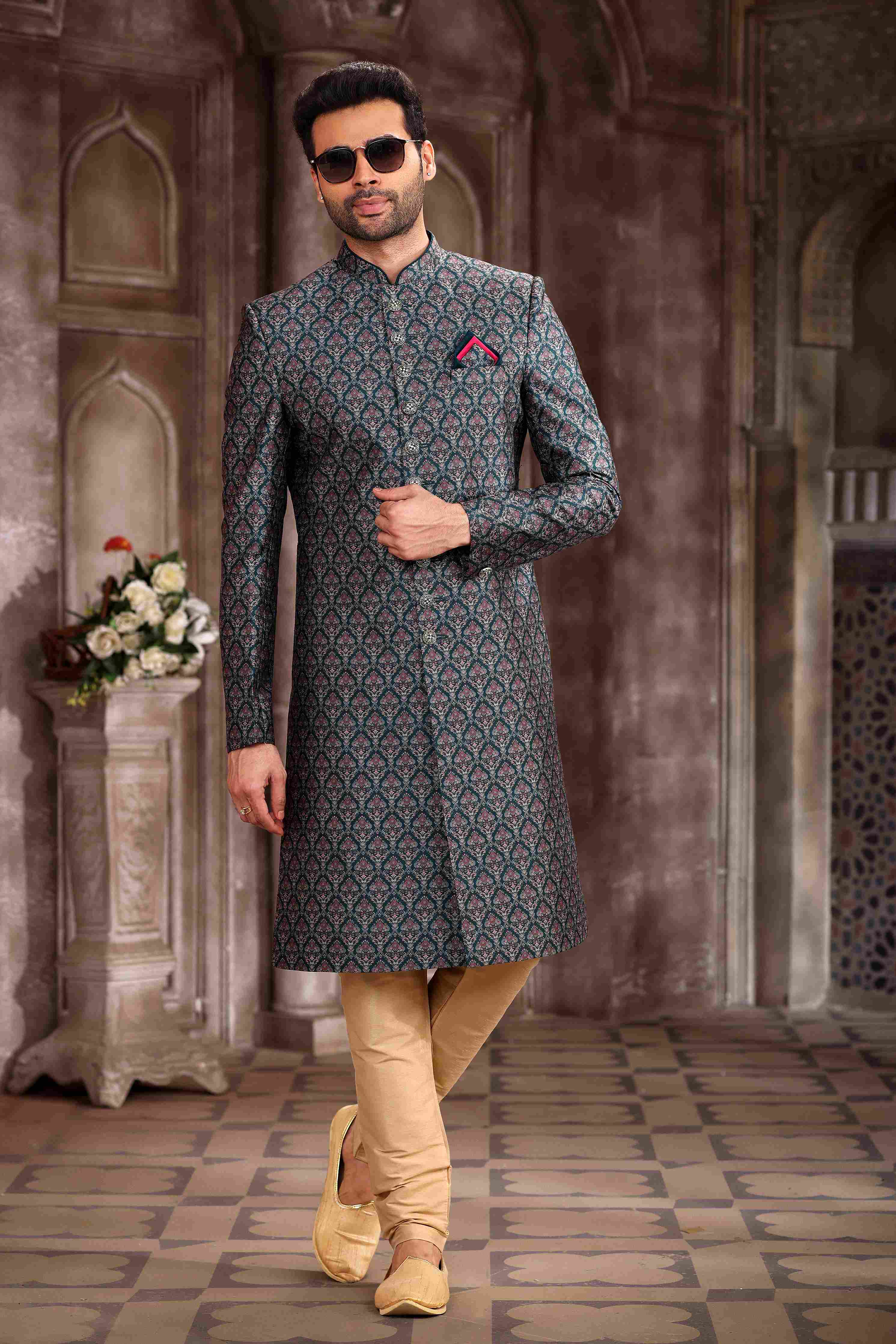 Raivat Ethnic Art Silk Digital Print Sherwani In Green Colour